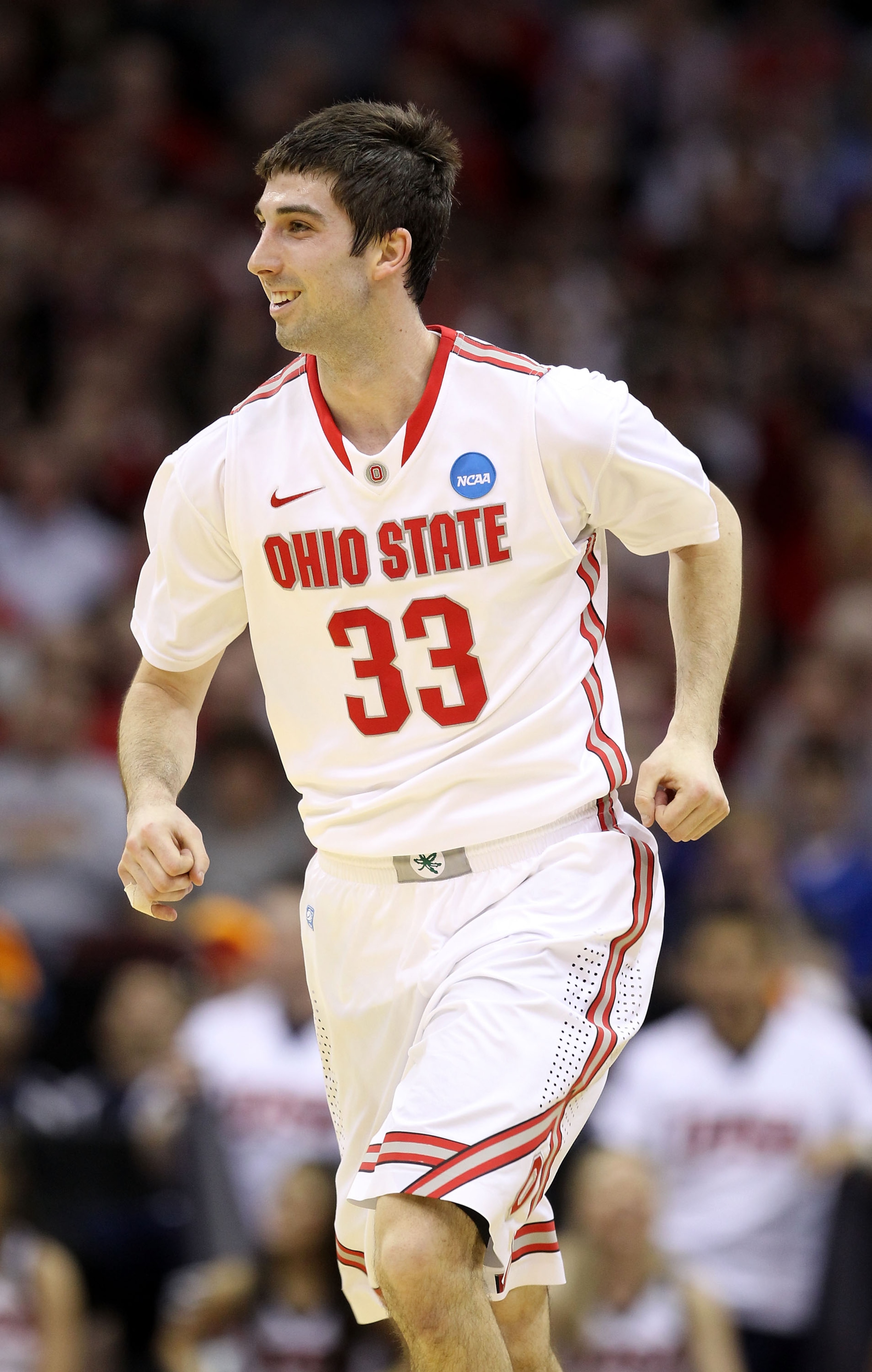 CLEVELAND, OH - MARCH 18:  Jon Diebler #33 of the Ohio State Buckeyes reacts after a play in the first half against the Texas-San Antonio Roadrunners during the second round of the 2011 NCAA men's basketball tournament at Quicken Loans Arena on March 18, 