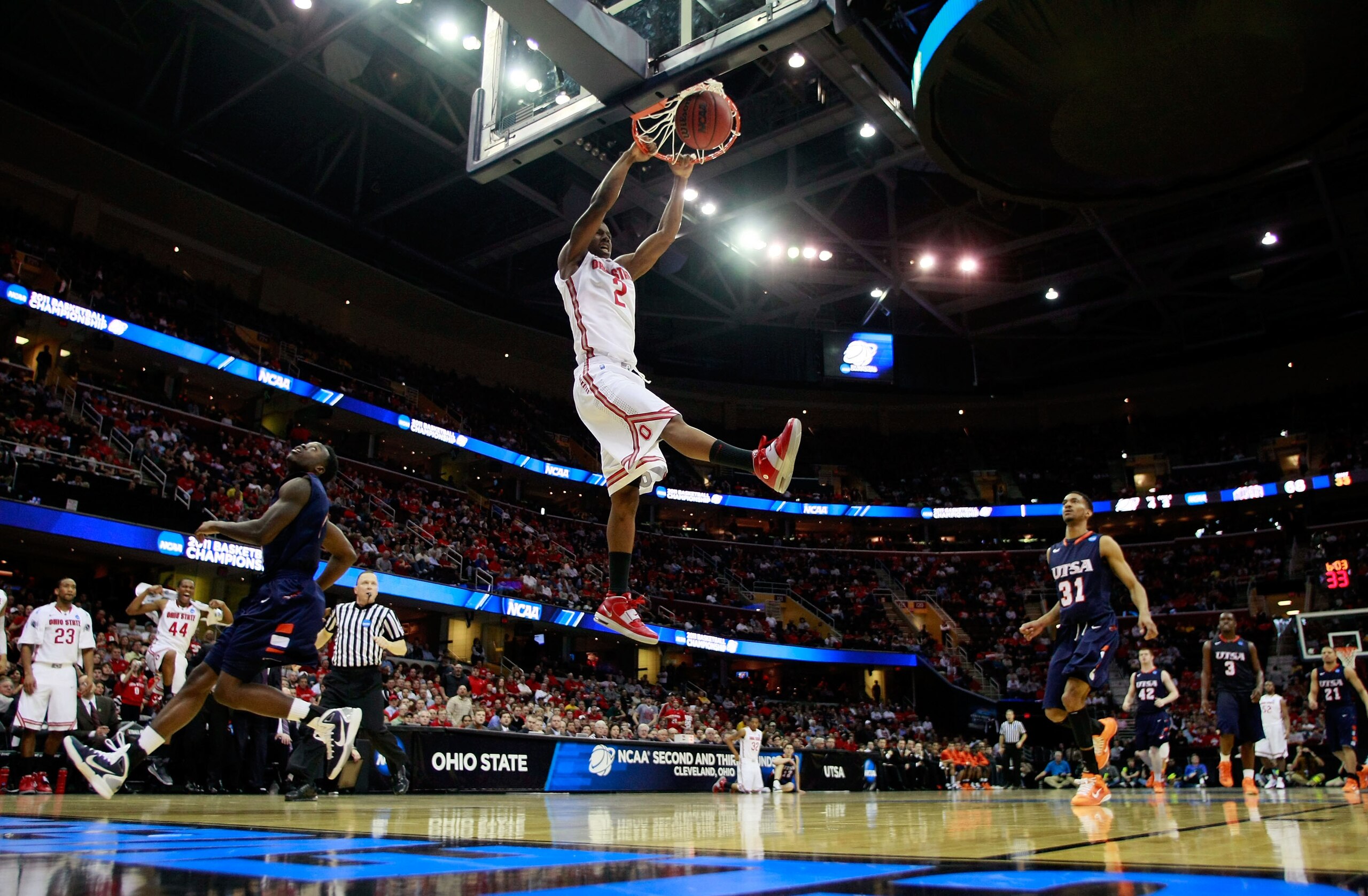 CLEVELAND, OH - MARCH 18:  Jordan Sibert #2 of the Ohio State Buckeyes goes up for a dunk against the Texas-San Antonio Roadrunners during the second round of the 2011 NCAA men's basketball tournament at Quicken Loans Arena on March 18, 2011 in Cleveland,