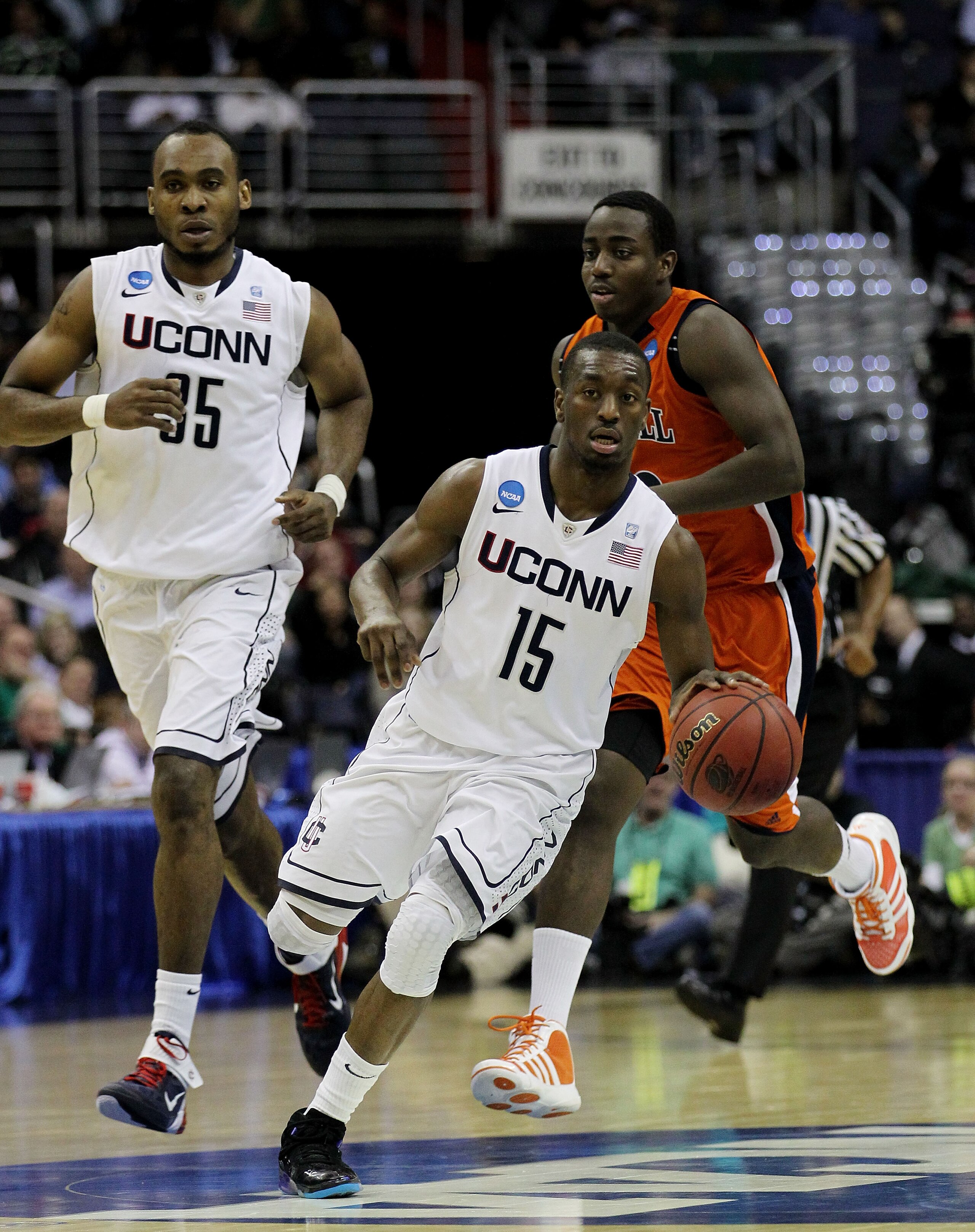 WASHINGTON - MARCH 17:  Kemba Walker #15 of the Connecticut Huskies brings the ball down the court against the Bucknell Bison during the second round of the 2011 NCAA men's basketball tournament at the Verizon Center on March 17, 2011 in Washington, DC.