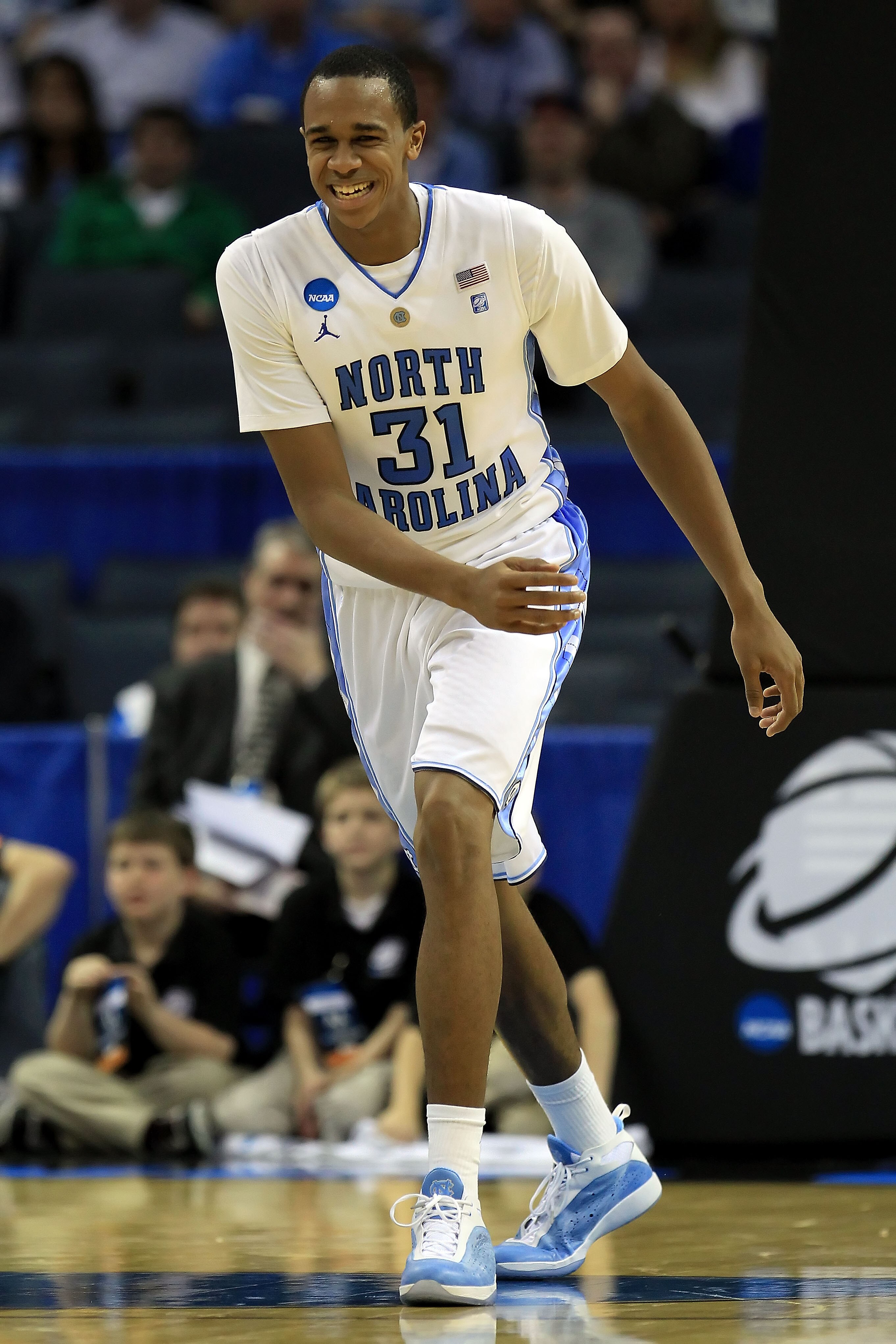 CHARLOTTE, NC - MARCH 18:  John Henson #31 of the North Carolina Tar Heels reacts in the second half while taking on the Long Island Blackbirds during the second round of the 2011 NCAA men's basketball tournament at Time Warner Cable Arena on March 18, 20