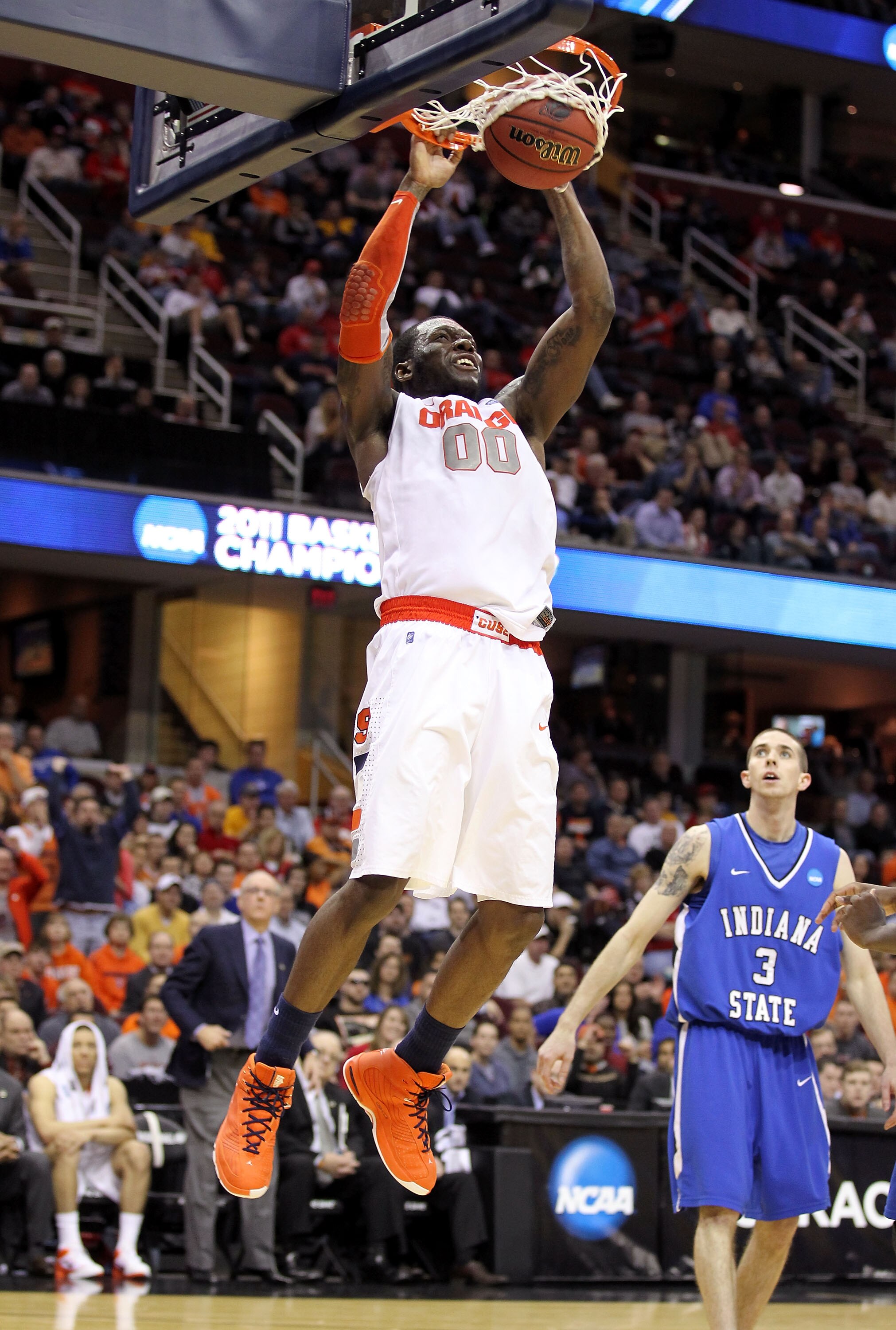 CLEVELAND, OH - MARCH 18: Rick Jackson #00 of the Syracuse Orange goes up for a dunk against the Indiana State Sycamores during the second round of the 2011 NCAA men's basketball tournament at Quicken Loans Arena on March 18, 2011 in Cleveland, Ohio.  (Ph