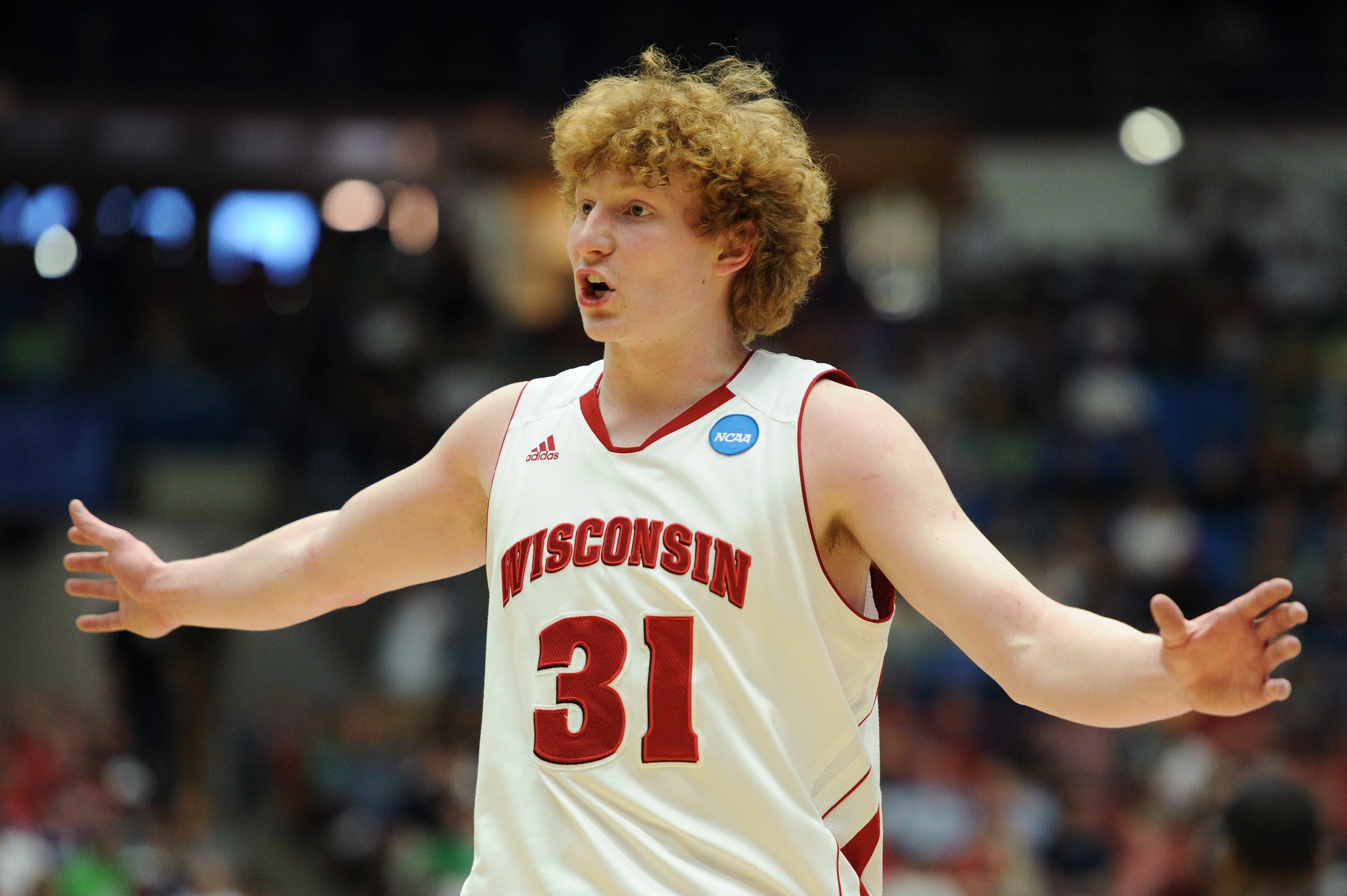 TUCSON, AZ - MARCH 17:  Mike Bruesewitz #31 of the Wisconsin Badgers reacvts during their game against the Belmont Bruins during the second round of the 2011 NCAA men's basketball tournament at McKale Center on March 17, 2011 in Tucson, Arizona.  (Photo b