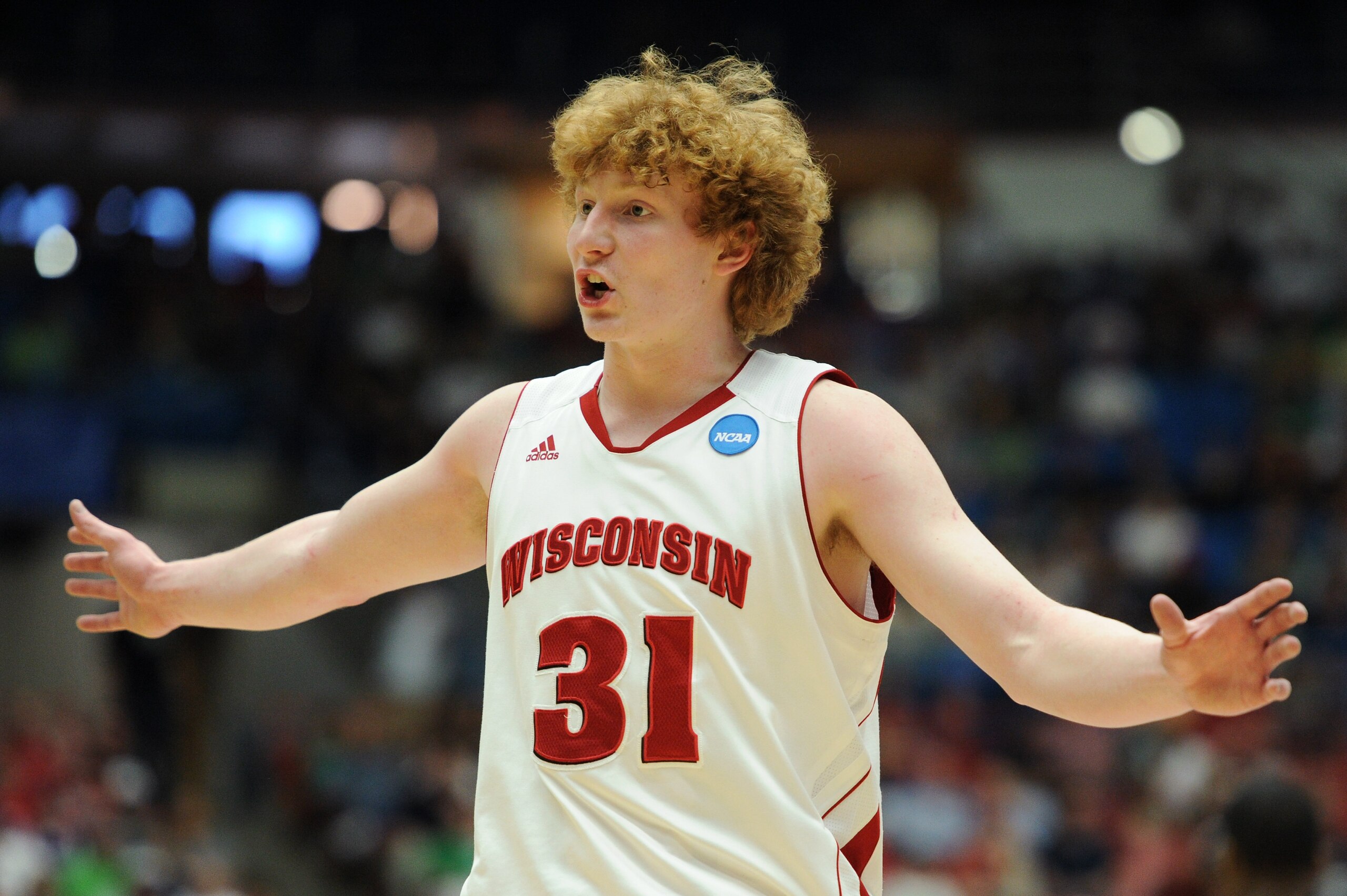 TUCSON, AZ - MARCH 17:  Mike Bruesewitz #31 of the Wisconsin Badgers reacvts during their game against the Belmont Bruins during the second round of the 2011 NCAA men's basketball tournament at McKale Center on March 17, 2011 in Tucson, Arizona.  (Photo b