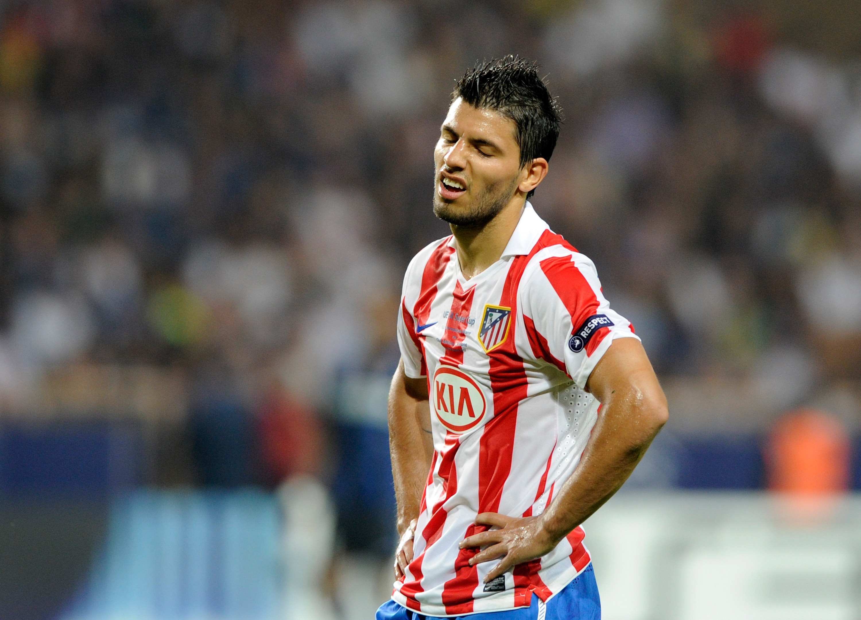 MONACO - AUGUST 27:  Sergio Aguero of Atletico Madrid dejected during the UEFA Super Cup between Inter and Atletico Madrid at Louis II Stadium on August 27, 2010 in Monaco, Monaco.  (Photo by Claudio Villa/Getty Images)