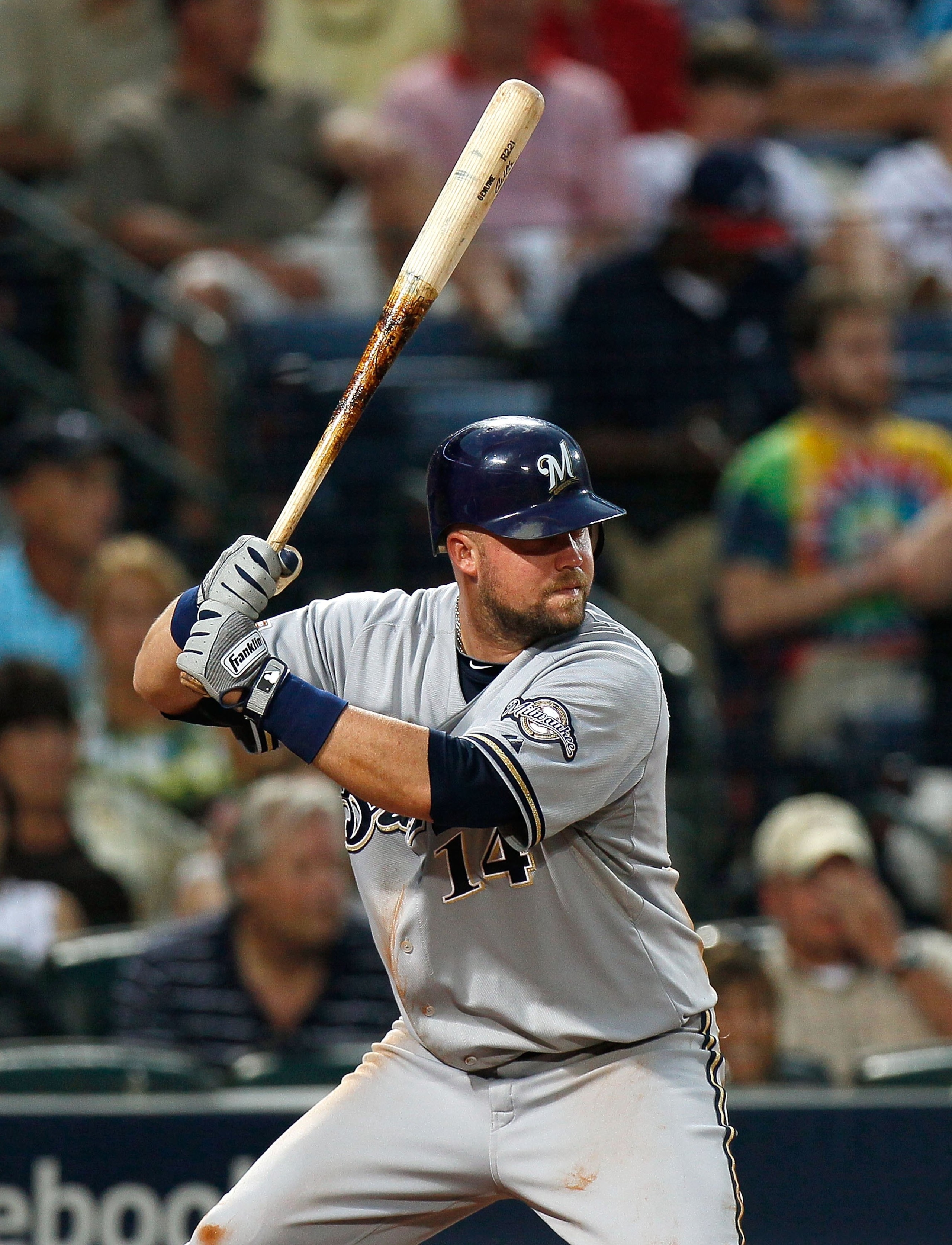 ATLANTA - JULY 15:  Casey McGehee #14 of the Milwaukee Brewers against the Atlanta Braves at Turner Field on July 15, 2010 in Atlanta, Georgia.  (Photo by Kevin C. Cox/Getty Images)
