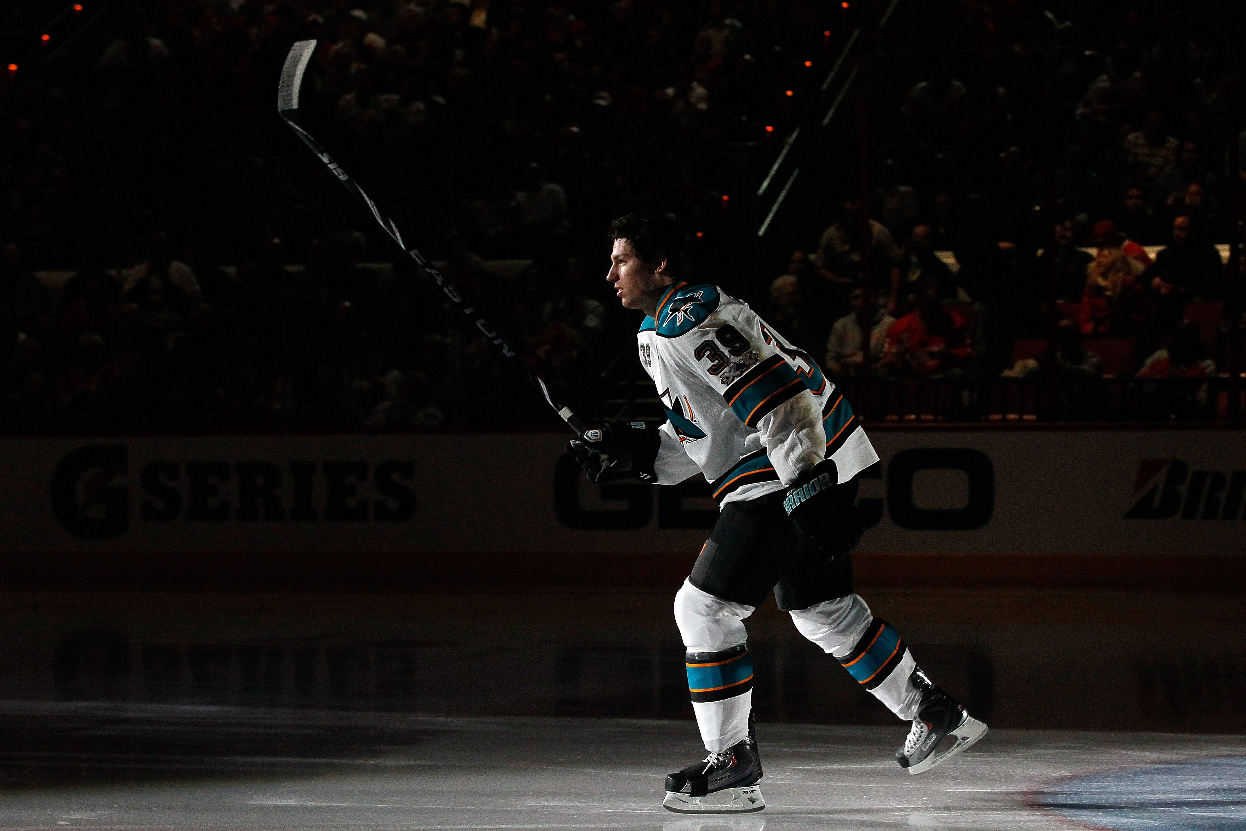 April 23, 2019: San Jose Sharks forward Logan Couture (39) celebrates as  the San Jose Sharks take the lead during game seven of the first round of  the the Stanley Cup playoffs