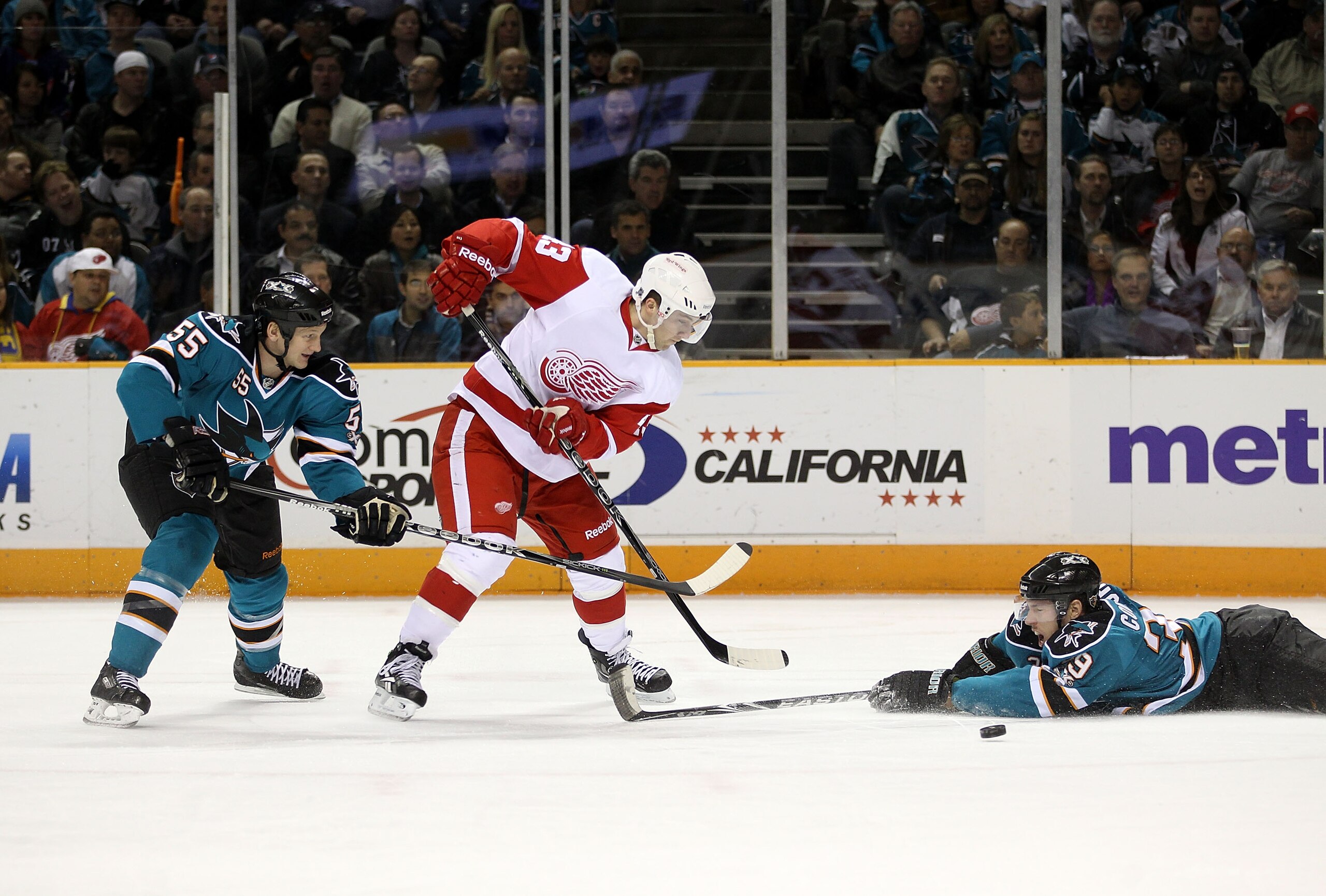 SAN JOSE, CA - NOVEMBER 30: Logan Couture #39 of the San Jose Sharks dives to try to stop Pavel Datsyuk #13 of the Detroit Red Wings at HP Pavilion on November 30, 2010 in San Jose, California. (Photo by Ezra Shaw/Getty Images) SAN JOSE, CA - NOVEMBER 30: Logan Couture #39 of the San Jose Sharks dives to try to stop Pavel Datsyuk #13 of the Detroit Red Wings at HP Pavilion on November 30, 2010 in San Jose, California. (Photo by Ezra Shaw/Getty Images)