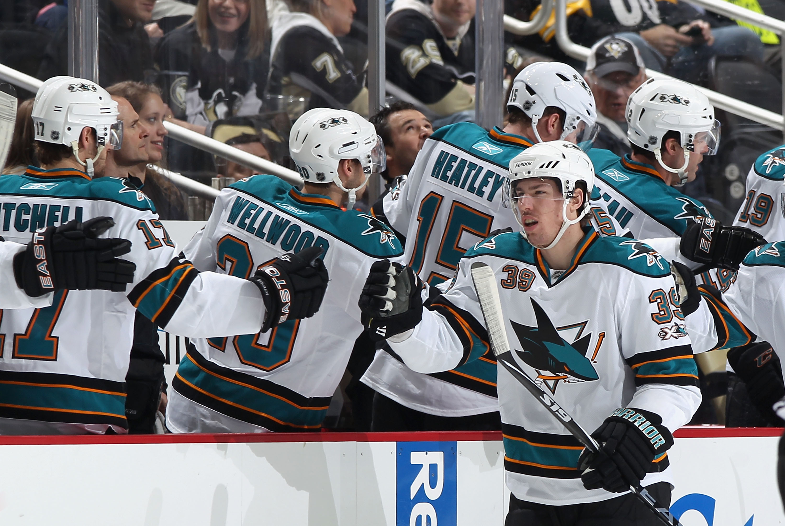 April 23, 2019: San Jose Sharks forward Logan Couture (39) celebrates as  the San Jose Sharks take the lead during game seven of the first round of  the the Stanley Cup playoffs