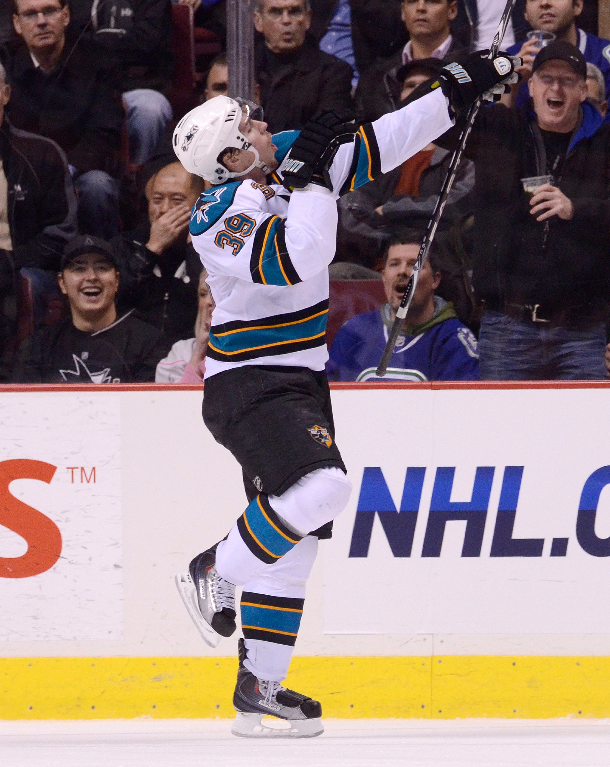 VANCOUVER, CANADA - JANUARY 20: Logan Couture #39 of the San Jose Sharks celebrates after scoring against the Vancouver Canucks during the second period in NHL action on January 20, 2011 at Rogers Arena in Vancouver, BC, Canada. (Photo by Rich Lam/Getty VANCOUVER, CANADA - JANUARY 20: Logan Couture #39 of the San Jose Sharks celebrates after scoring against the Vancouver Canucks during the second period in NHL action on January 20, 2011 at Rogers Arena in Vancouver, BC, Canada. (Photo by Rich Lam/Getty