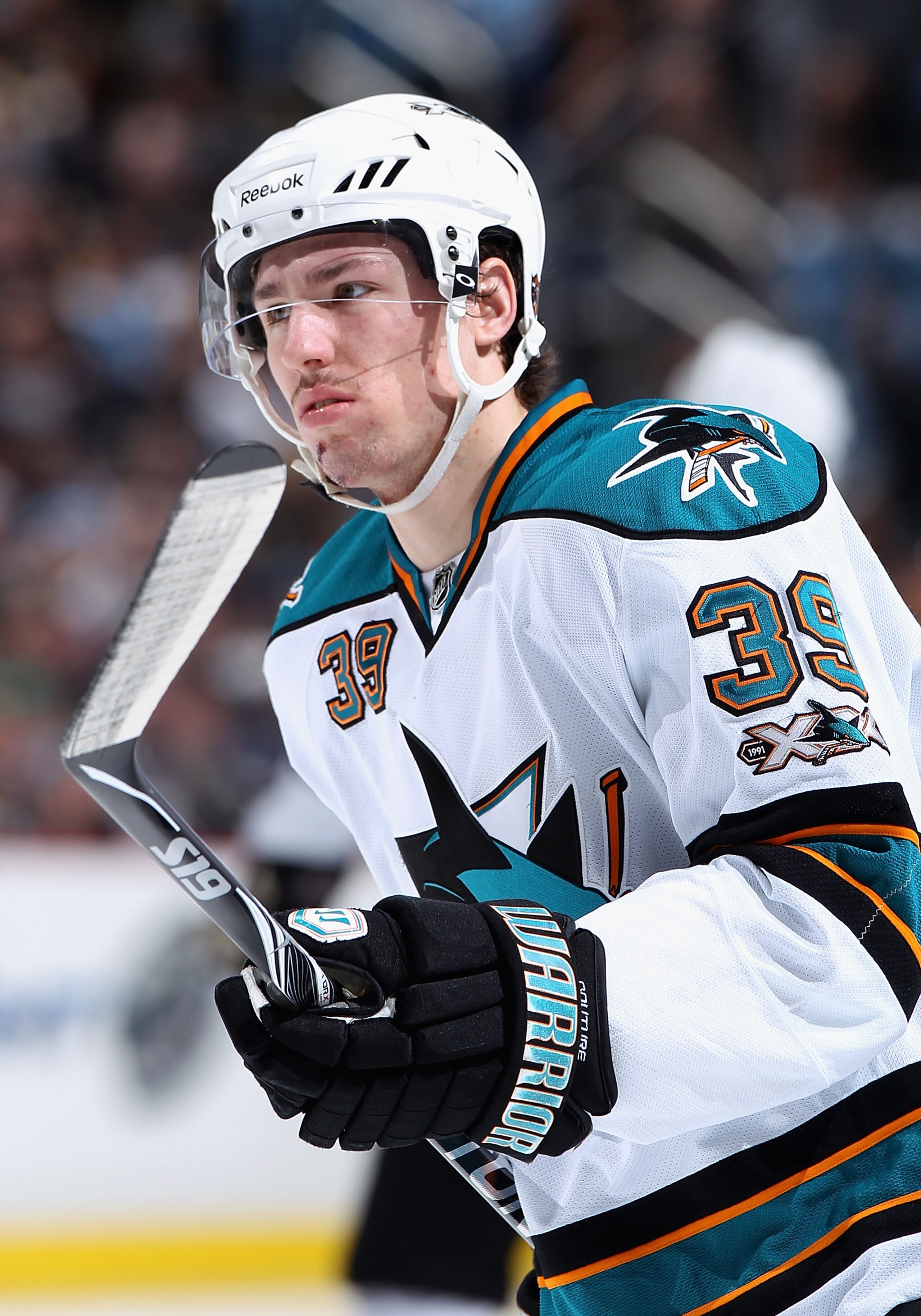 PITTSBURGH, PA - FEBRUARY 23: Logan Couture #39 of the San Jose Sharks during the NHL game against the Pittsburgh Penguins at Consol Energy Center on February 23, 2011 in Pittsburgh, Pennsylvania. The Sharks defeated the Penguins 3-2 in overtime. (Photo PITTSBURGH, PA - FEBRUARY 23: Logan Couture #39 of the San Jose Sharks during the NHL game against the Pittsburgh Penguins at Consol Energy Center on February 23, 2011 in Pittsburgh, Pennsylvania. The Sharks defeated the Penguins 3-2 in overtime. (Photo