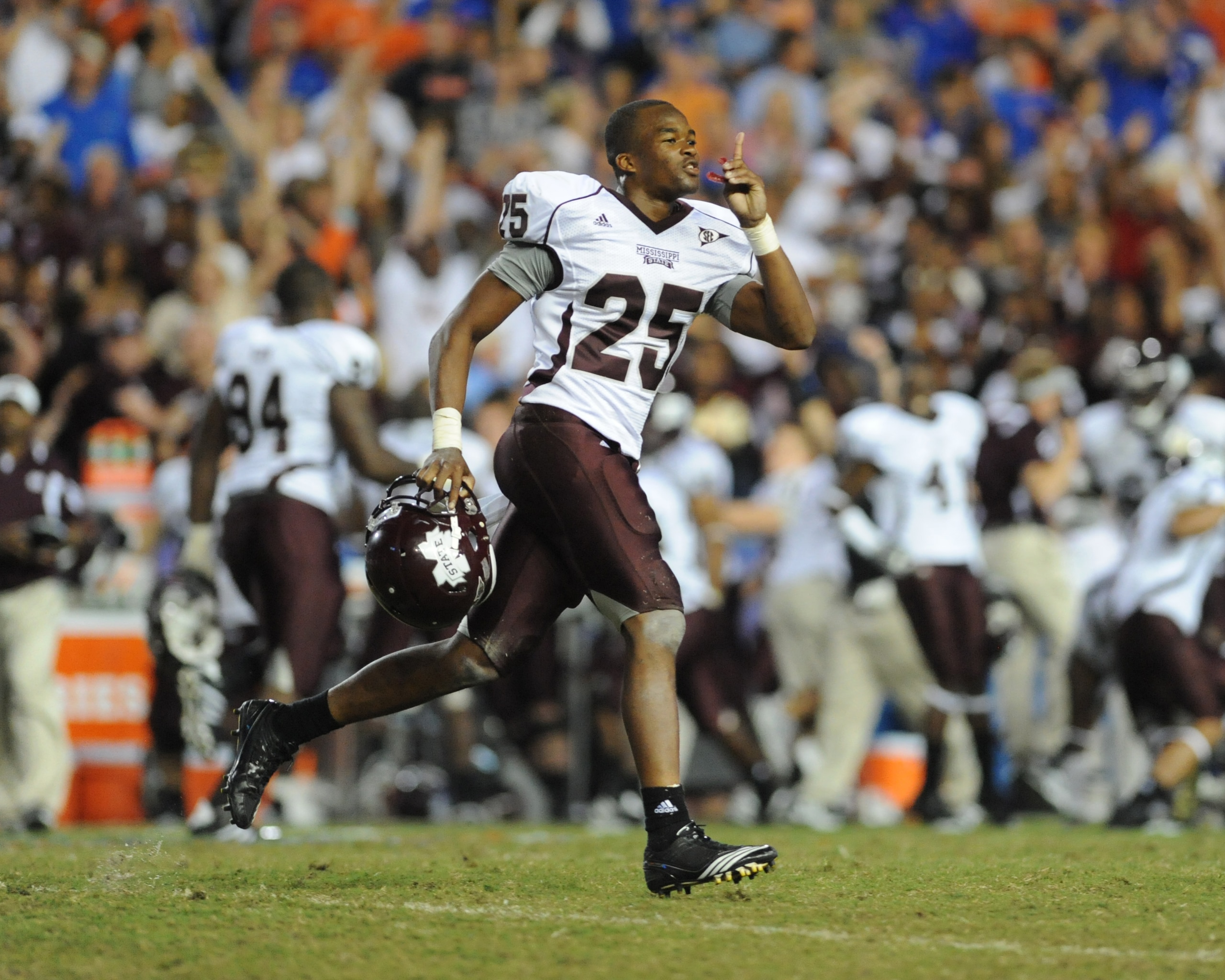GAINESVILLE, FL - OCTOBER 16:  Defensive back Corey Broomfield #25  of the Mississippi State Bulldogs celebrates a 10 - 7 victory  against the Florida Gators October 16, 2010 Ben Hill Griffin Stadium at Gainesville, Florida.  (Photo by Al Messerschmidt/Ge