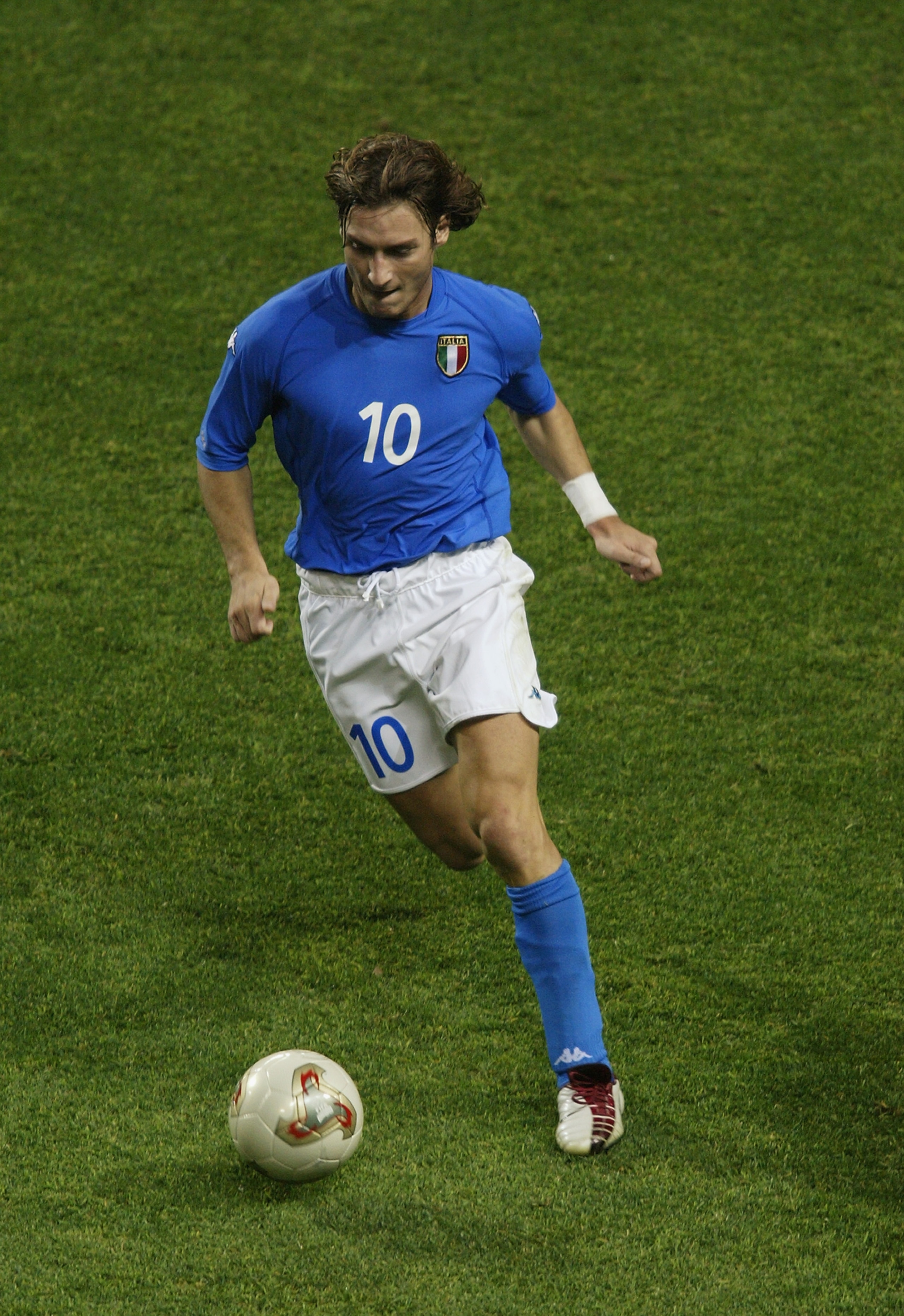 DAEJEON - JUNE 18:  Francesco Totti of Italy runs with the ball in the first half of the World Cup Second Round match between South Korea v Italy, played at the Daejeon World Cup Stadium in Daejeon, South Korea on June 18, 2002. South Korea won the match
