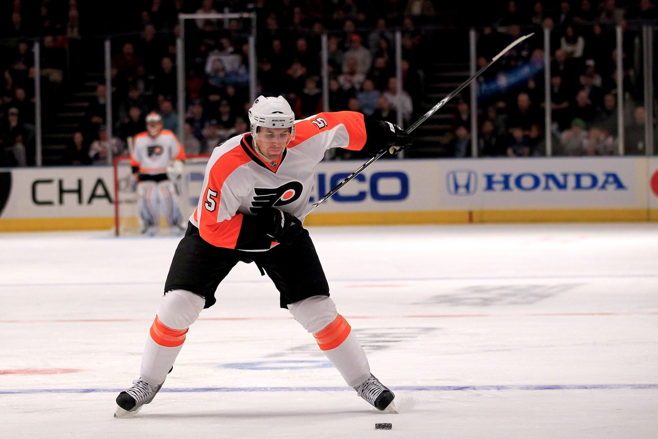 NEW YORK, NY - FEBRUARY 20: Braydon Coburn #5 of the Philadelphia Flyers skates against the New York Rangers at Madison Square Garden on February 20, 2011 in New York City. The Flyers defeated the Flyers 4-2. (Photo by Chris Trotman/Getty Images) NEW YORK, NY - FEBRUARY 20: Braydon Coburn #5 of the Philadelphia Flyers skates against the New York Rangers at Madison Square Garden on February 20, 2011 in New York City. The Flyers defeated the Flyers 4-2. (Photo by Chris Trotman/Getty Images)