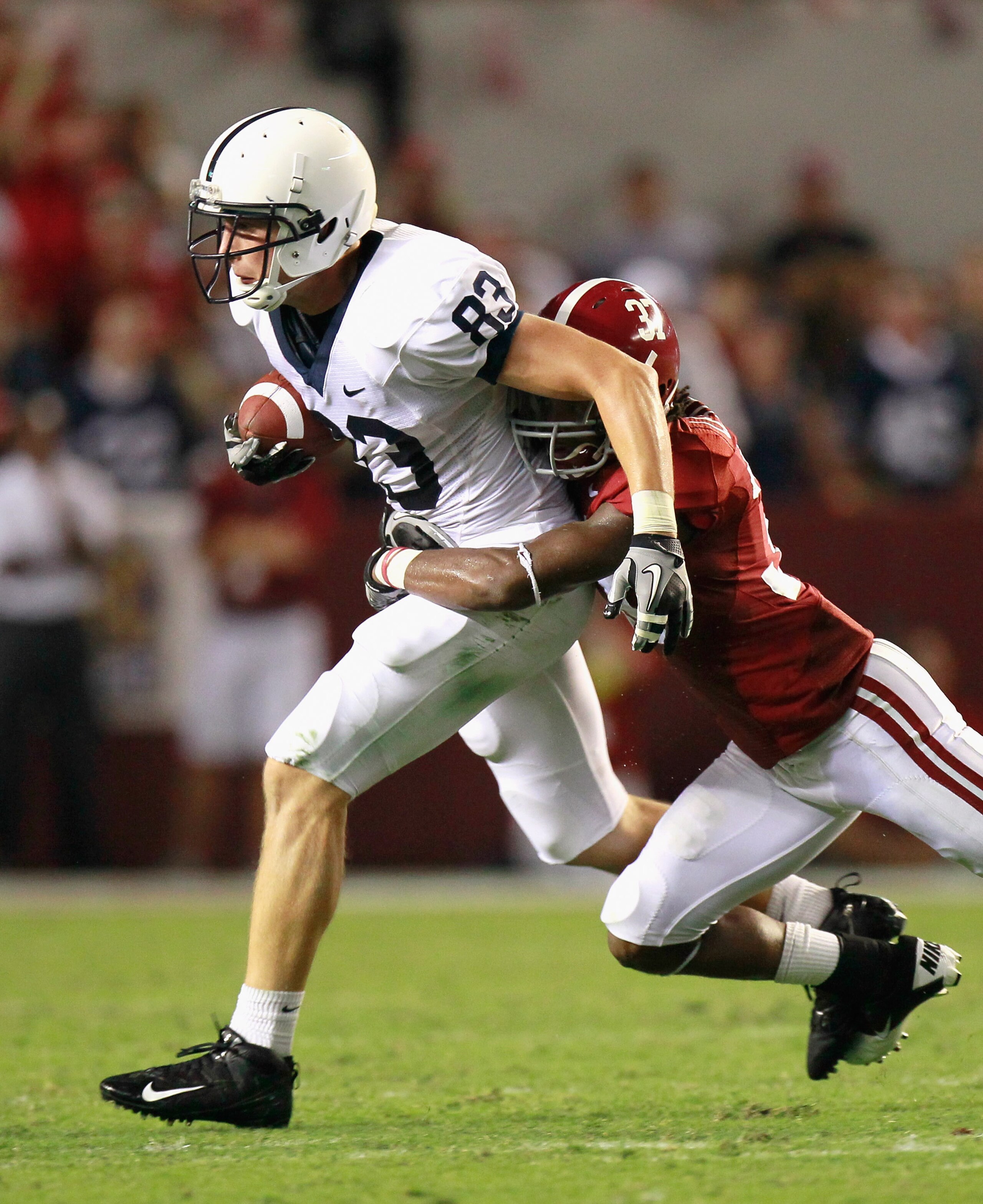 TUSCALOOSA, AL - SEPTEMBER 11:  Brett Brackett #83 of the Penn State Nittany Lions against Robert Lester #37 of the Alabama Crimson Tide at Bryant-Denny Stadium on September 11, 2010 in Tuscaloosa, Alabama.  (Photo by Kevin C. Cox/Getty Images)