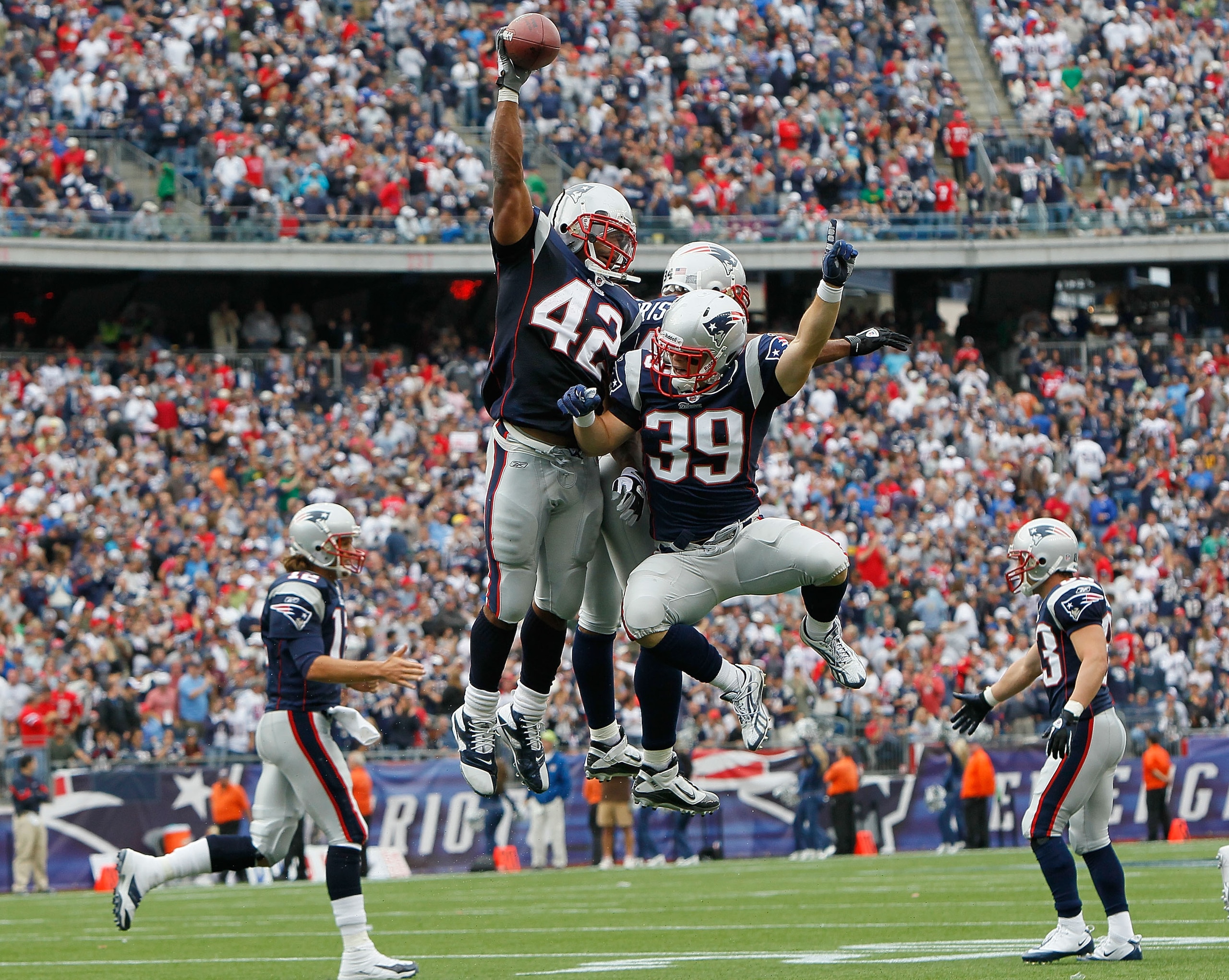FOXBORO, MA - SEPTEMBER 26: BenJarvus Green-Elllis #42 of the New England Patriots celebrates his touchdown with teammates Sammy Morris #34 and Danny Woodhead #39 in the second half against the Buffalo Bills at Gillette Stadium in the second half on Septe FOXBORO, MA - SEPTEMBER 26: BenJarvus Green-Elllis #42 of the New England Patriots celebrates his touchdown with teammates Sammy Morris #34 and Danny Woodhead #39 in the second half against the Buffalo Bills at Gillette Stadium in the second half on Septe