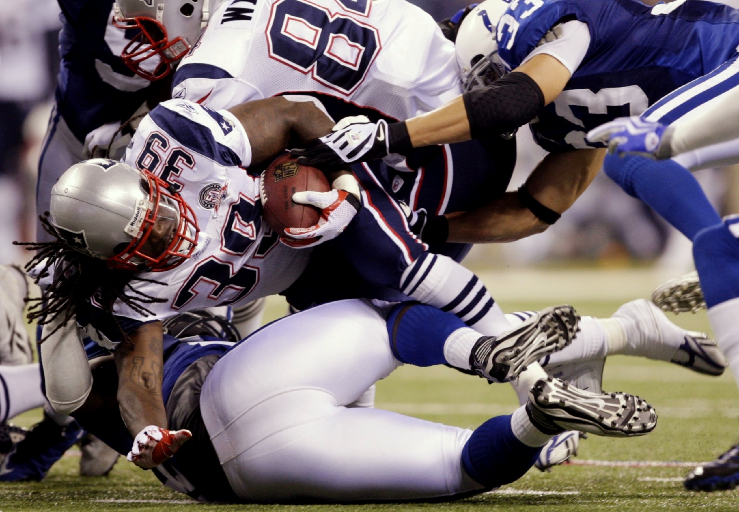 INDIANAPOLIS - NOVEMBER 15: Laurence Maroney #39 of the New England Patriots is tackled during the second quarter of the game against the Indianapolis Colts at Lucas Oil Stadium on November 15, 2009 in Indianapolis, Indiana. (Photo by Jamie Squire/Getty I INDIANAPOLIS - NOVEMBER 15: Laurence Maroney #39 of the New England Patriots is tackled during the second quarter of the game against the Indianapolis Colts at Lucas Oil Stadium on November 15, 2009 in Indianapolis, Indiana. (Photo by Jamie Squire/Getty I