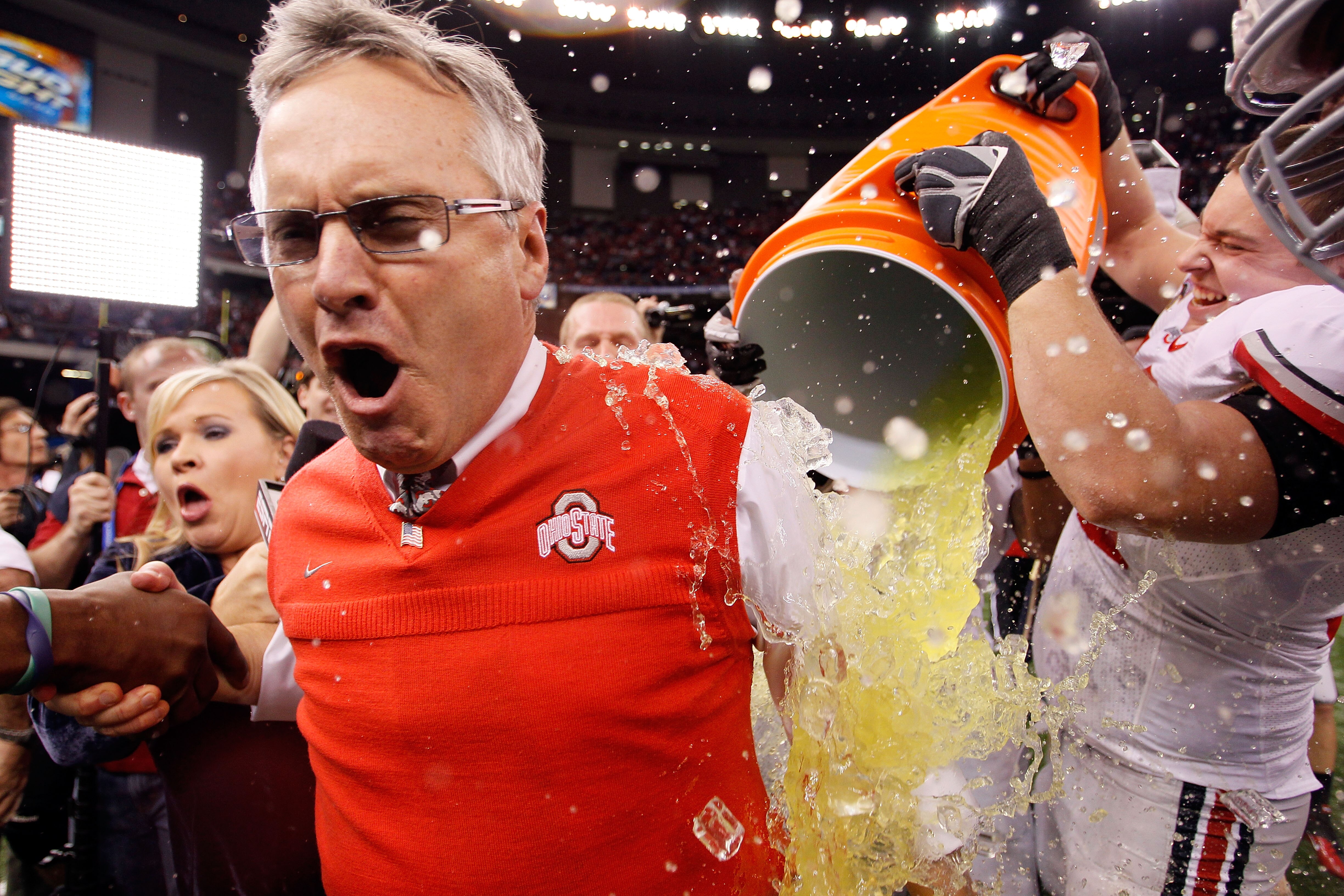 NEW ORLEANS, LA - JANUARY 04:  Head coach Jim Tressel of the Ohio State Buckeyes screams as Gatorade is dumped on him after the Buckeyes 31-26 victory against the Arkansas Razorbacks during the Allstate Sugar Bowl at the Louisiana Superdome on January 4,