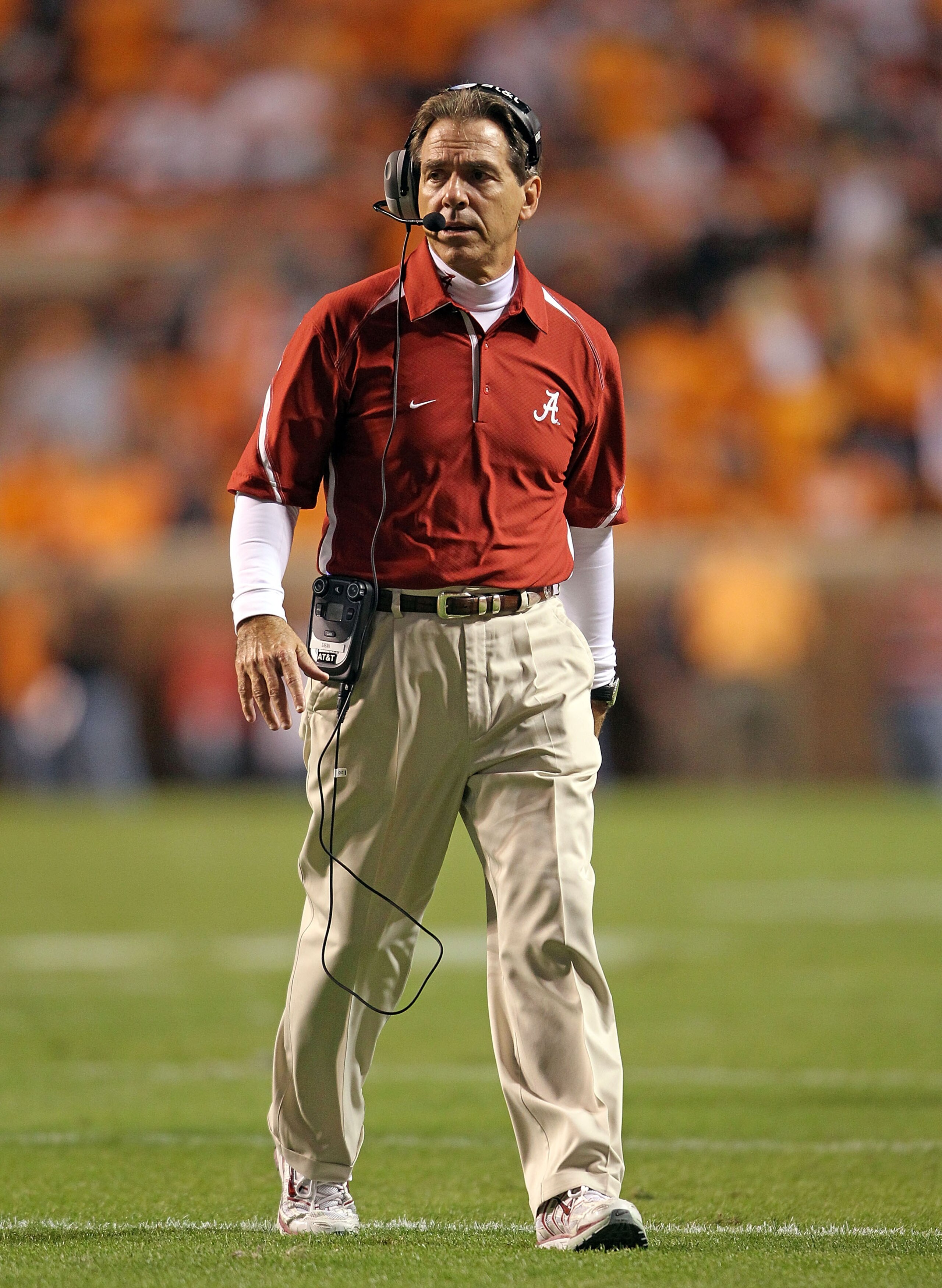 KNOXVILLE, TN - OCTOBER 23: Nick Saban the Head Coach of the Alabama Crimson Tide watches his team during the SEC game against the Tennessee Volunteers at Neyland Stadium on October 23, 2010 in Knoxville, Tennessee. (Photo by Andy Lyons/Getty Images) KNOXVILLE, TN - OCTOBER 23: Nick Saban the Head Coach of the Alabama Crimson Tide watches his team during the SEC game against the Tennessee Volunteers at Neyland Stadium on October 23, 2010 in Knoxville, Tennessee. (Photo by Andy Lyons/Getty Images)