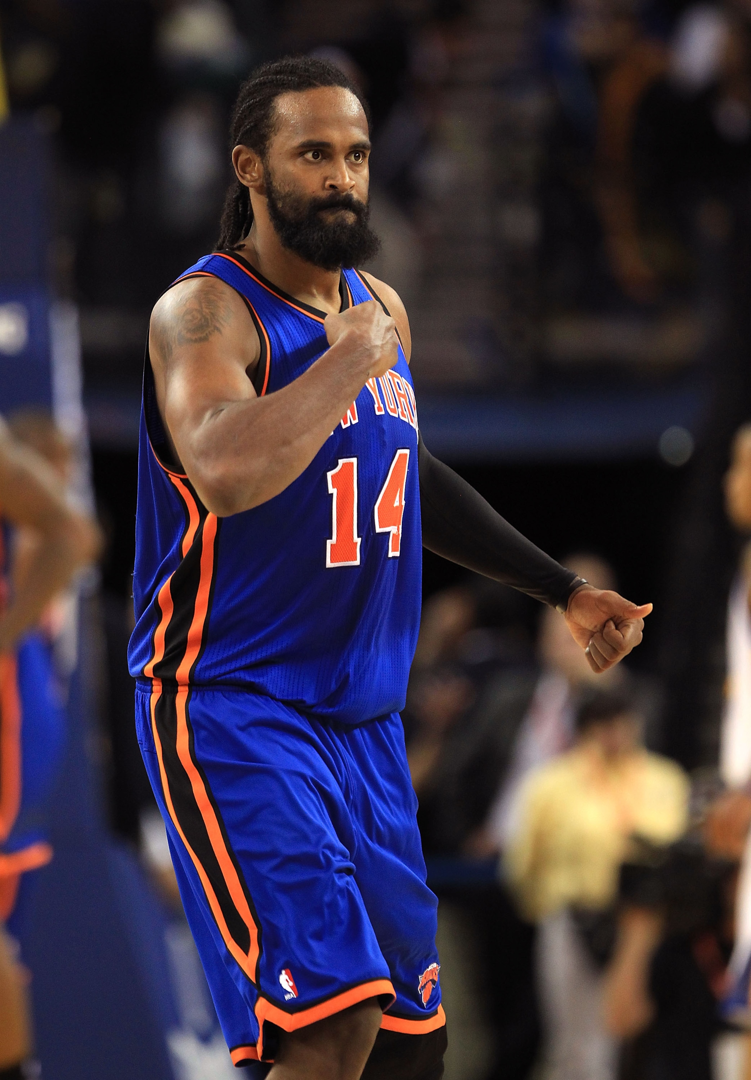 OAKLAND, CA - NOVEMBER 19: Ronny Turiaf #14 of the New York Knicks reacts after the Knicks scored a basket against the Golden State Warriors at Oracle Arena on November 19, 2010 in Oakland, California. NOTE TO USER: User expressly acknowledges and agrees