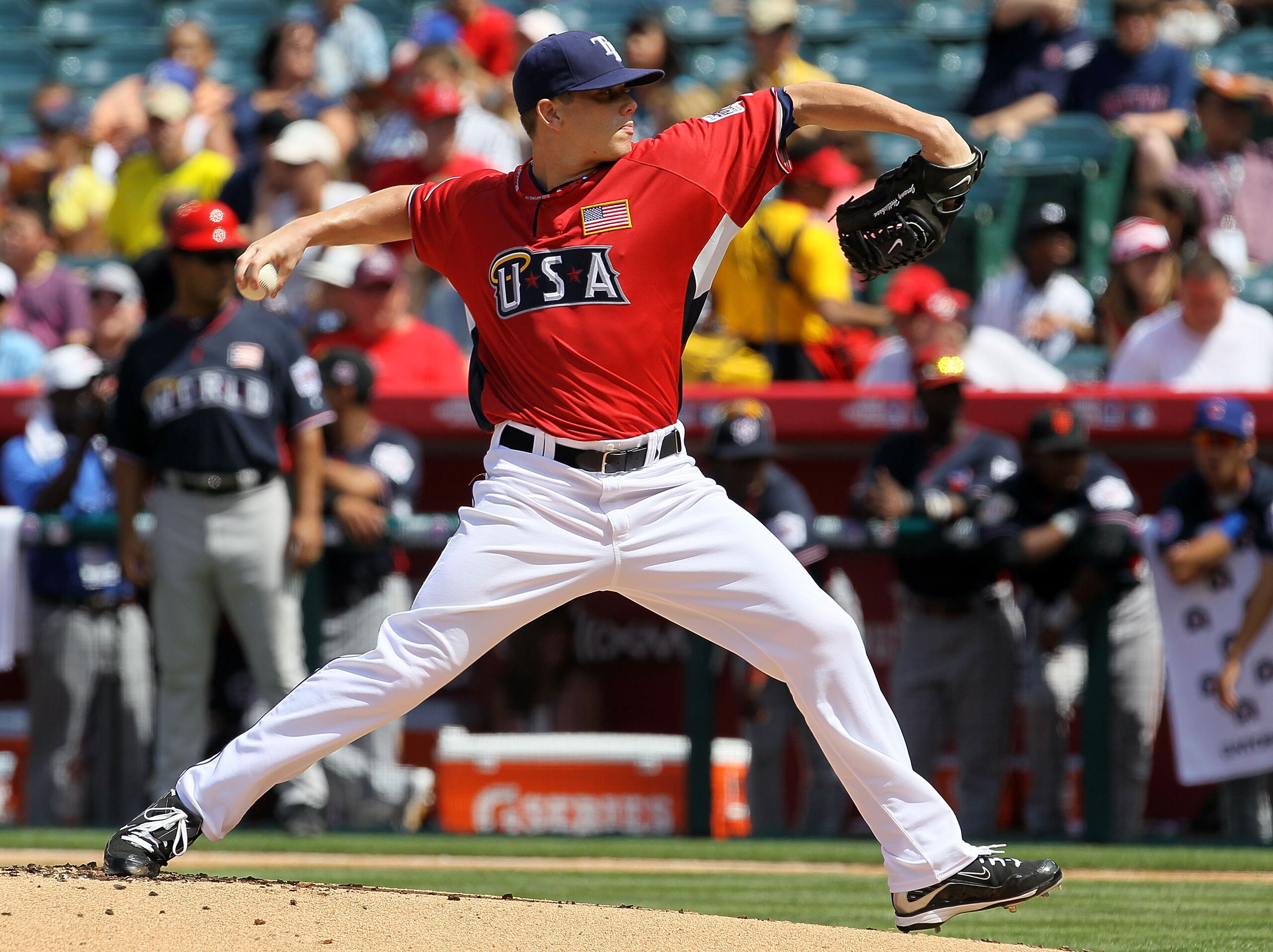 ANAHEIM, CA - JULY 11:  U.S. Futures All-Star Jeremy Hellickson #28 of the Tampa Bay Rays throws a pitch during the 2010 XM All-Star Futures Game at Angel Stadium of Anaheim on July 11, 2010 in Anaheim, California.  (Photo by Stephen Dunn/Getty Images)