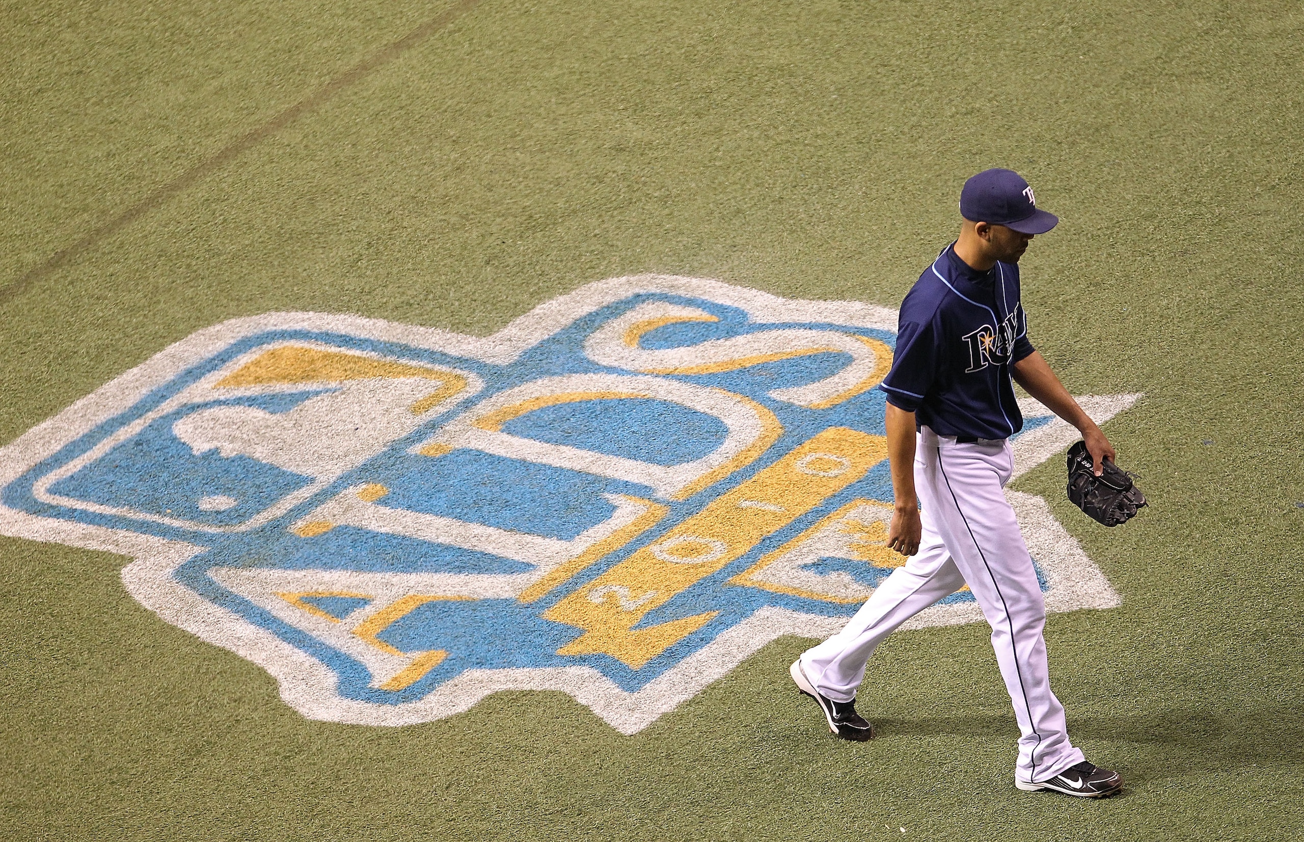 ST. PETERSBURG, FL - OCTOBER 12:  David Price #14 of the Tampa Bay Rays walks off the mound during Game 5 of the ALDS against the Texas Rangers at Tropicana Field on October 12, 2010 in St. Petersburg, Florida.  (Photo by Mike Ehrmann/Getty Images)