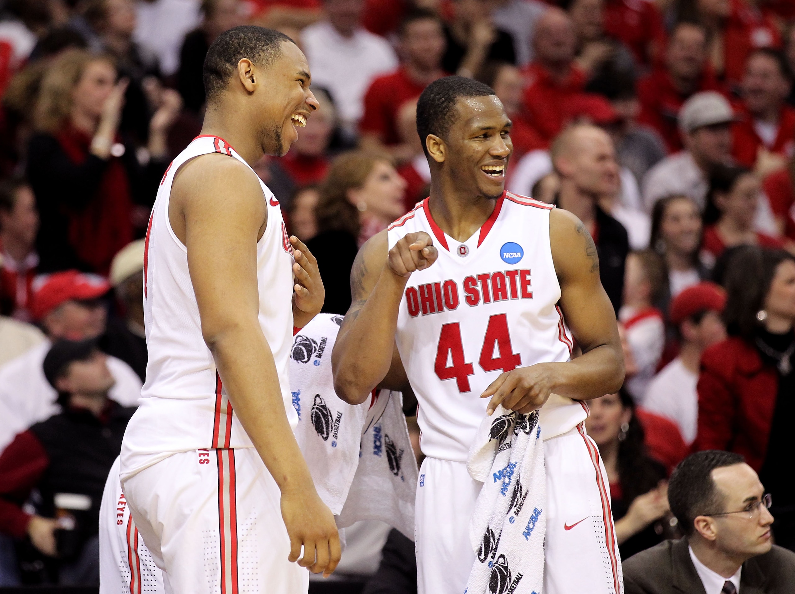 CLEVELAND, OH - MARCH 18: Jared Sullinger #0 and William Buford #44 of the Ohio State Buckeyes smile on the bench late in the game against the Texas-San Antonio Roadrunners during the second round of the 2011 NCAA men's basketball tournament at Quicken Lo