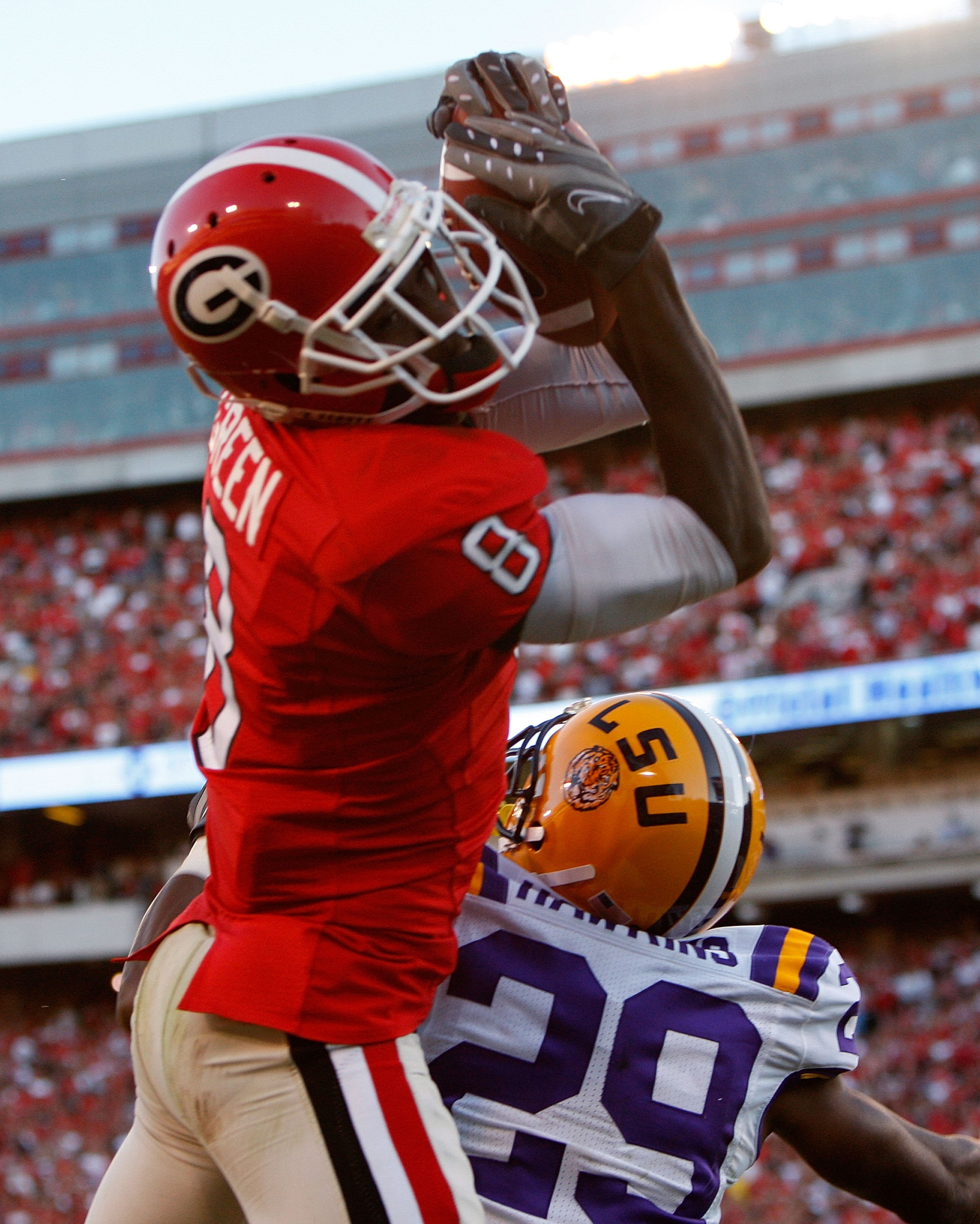 ATHENS, GA - OCTOBER 03: A.J. Green #8 of the Georgia Bulldogs pulls in this touchdown reception against Chris Hawkins #29 of the Louisiana State University Tigers at Sanford Stadium on October 3, 2009 in Athens, Georgia. (Photo by Kevin C. Cox/Getty Imag