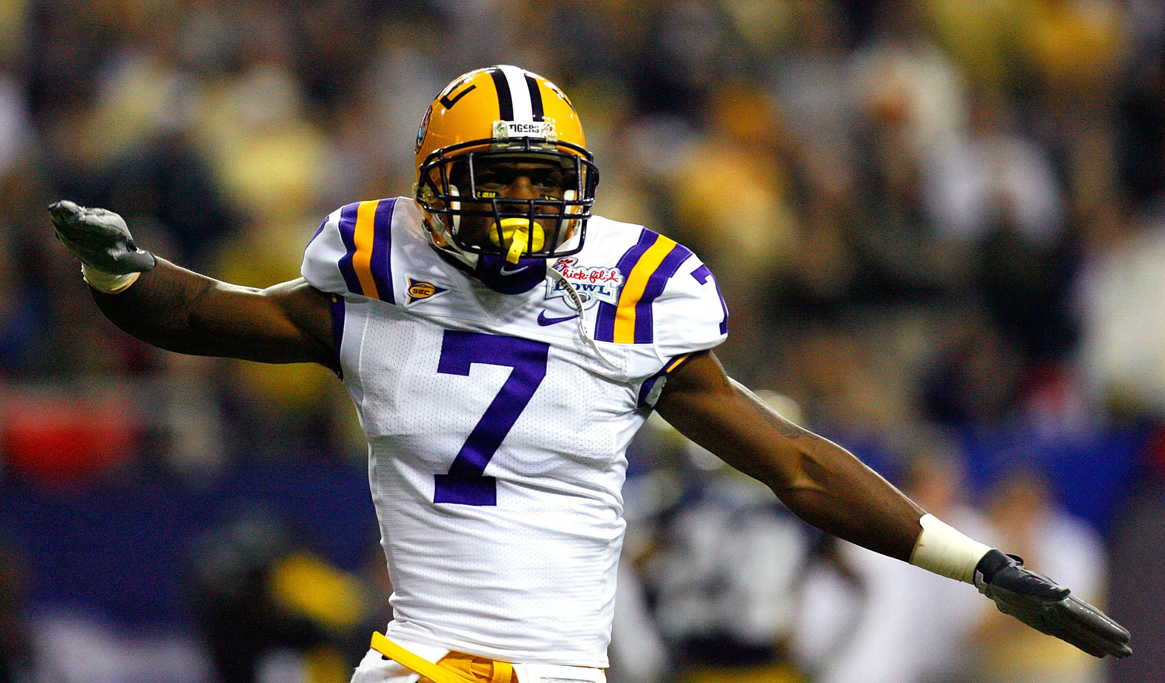 ATLANTA - DECEMBER 31: Cornerback Patrick Peterson #7 of the LSU Tigers reacts after forcing a fumble and turnover by the Georgia Tech Yellow Jackets during the Chick-fil-A Bowl on December 31, 2008 at the Georgia Dome in Atlanta, Georgia. (Photo by Kev ATLANTA - DECEMBER 31: Cornerback Patrick Peterson #7 of the LSU Tigers reacts after forcing a fumble and turnover by the Georgia Tech Yellow Jackets during the Chick-fil-A Bowl on December 31, 2008 at the Georgia Dome in Atlanta, Georgia. (Photo by Kev