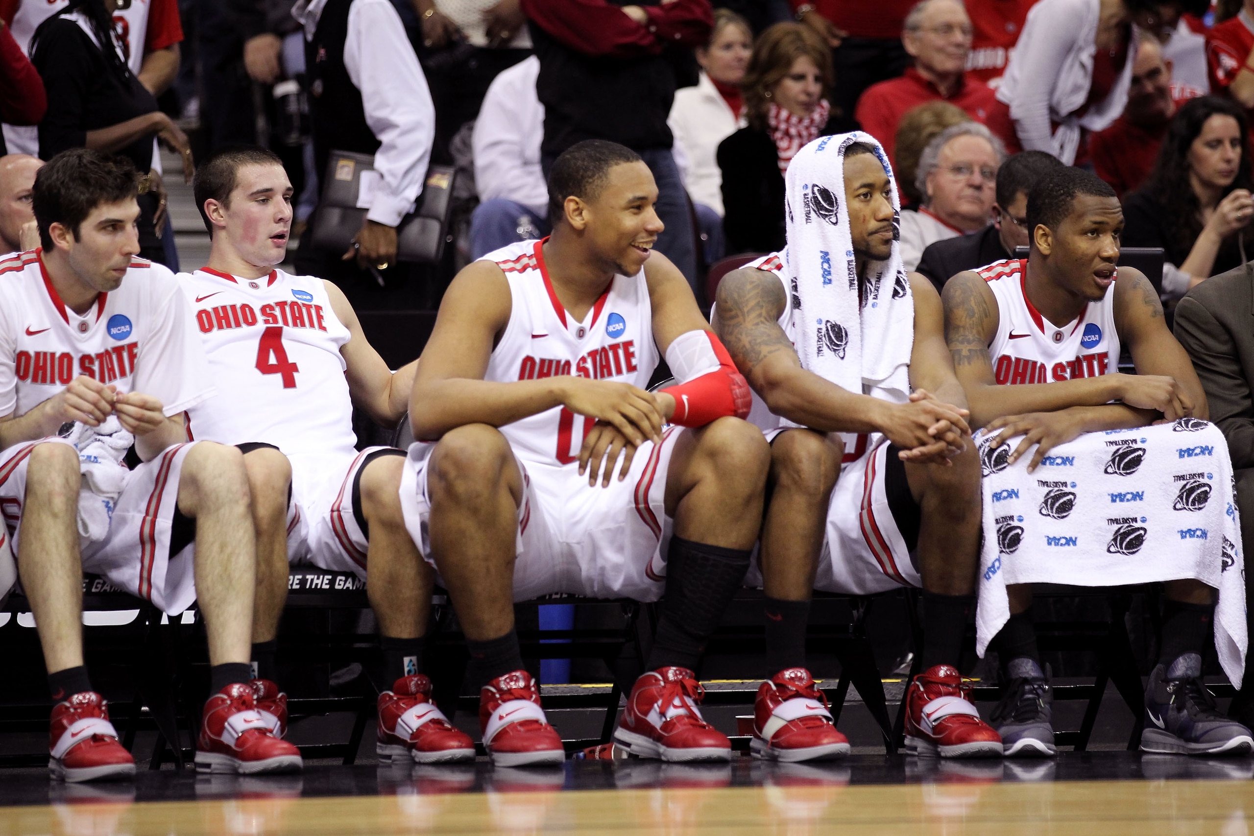 CLEVELAND, OH - MARCH 18: Jon Diebler #33, Aaron Craft #4, Jared Sullinger #0, David Lighty #23 and William Buford #44 of the Ohio State Buckeyes look on from the bench late in the second half against the Texas-San Antonio Roadrunners during the second r CLEVELAND, OH - MARCH 18: Jon Diebler #33, Aaron Craft #4, Jared Sullinger #0, David Lighty #23 and William Buford #44 of the Ohio State Buckeyes look on from the bench late in the second half against the Texas-San Antonio Roadrunners during the second r