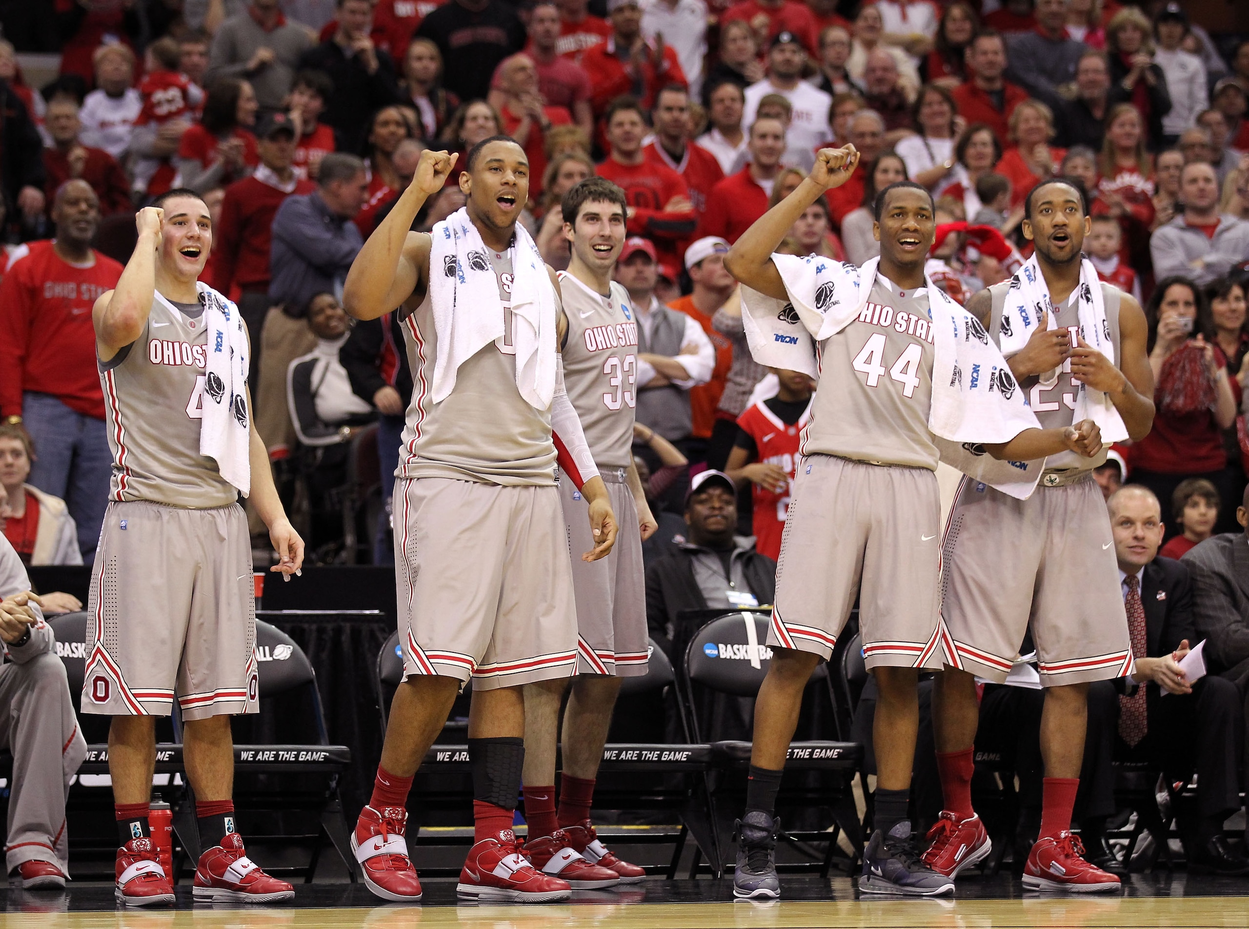 CLEVELAND, OH - MARCH 20: Aaron Craft #4, Jared Sullinger #0, Jon Diebler #33, William Buford #44 and David Lighty #23 of the Ohio State Buckeyes look on from the bench late in the second half against the George Mason Patriots during the third of the 201 CLEVELAND, OH - MARCH 20: Aaron Craft #4, Jared Sullinger #0, Jon Diebler #33, William Buford #44 and David Lighty #23 of the Ohio State Buckeyes look on from the bench late in the second half against the George Mason Patriots during the third of the 201
