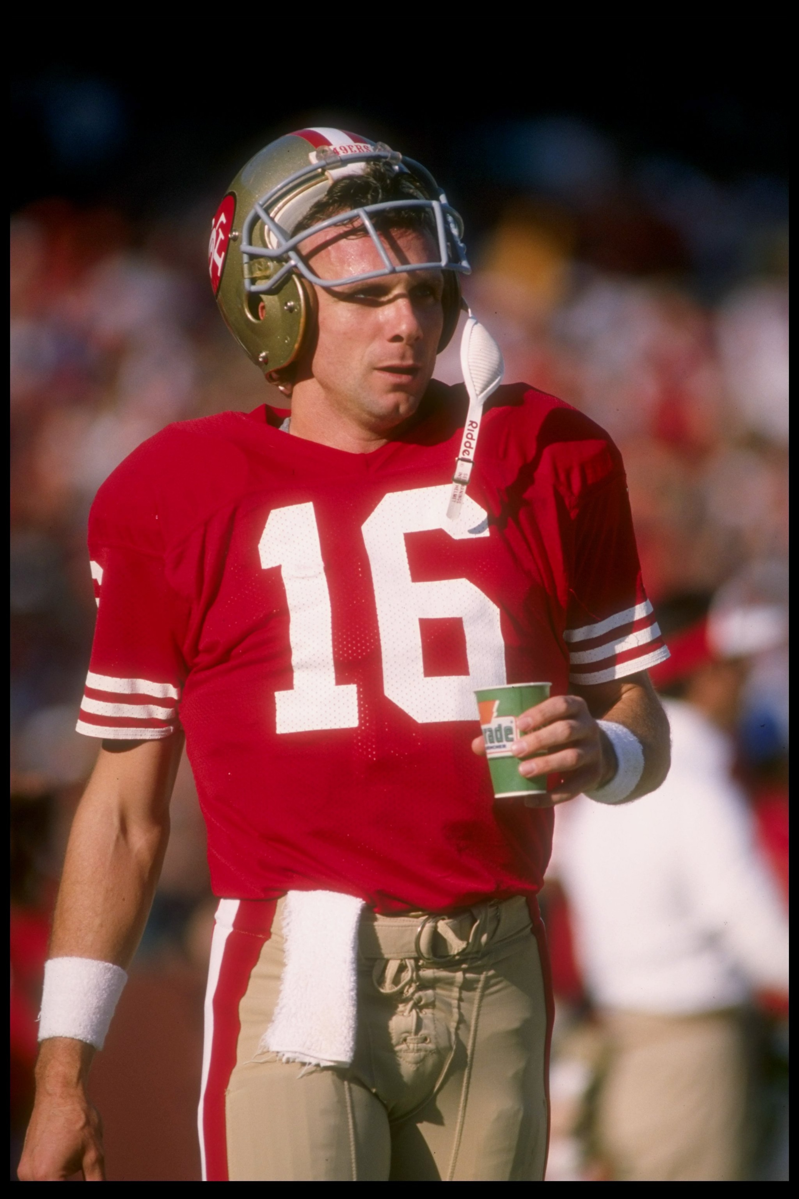 11 Dec 1988:  Quarterback Joe Montana of the San Francisco 49ers looks on during a game against the New Orleans Saints at Candlestick Park in San Francisco, California.  The 49ers won the game, 30-17. Mandatory Credit: Otto Greule  /Allsport