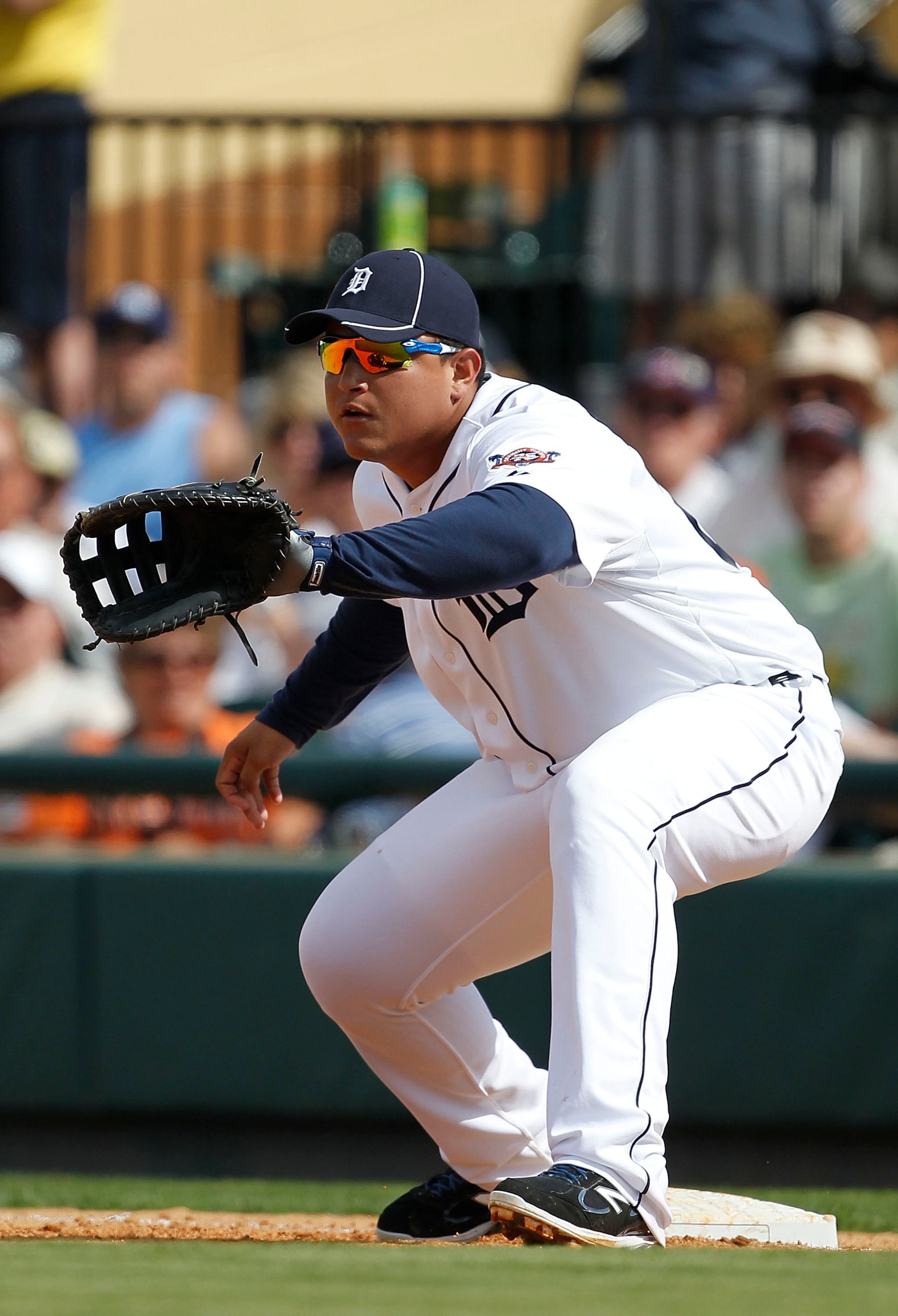 LAKELAND, FL - MARCH 02:  Miguel Cabrera #24 of the Detroit Tigers plays first base during the game against the Houston Astros at Joker Marchant Stadium on March 2, 2011 in Lakeland, Florida. The Astros defeated the Tigers 6-3.  (Photo by Leon Halip/Getty