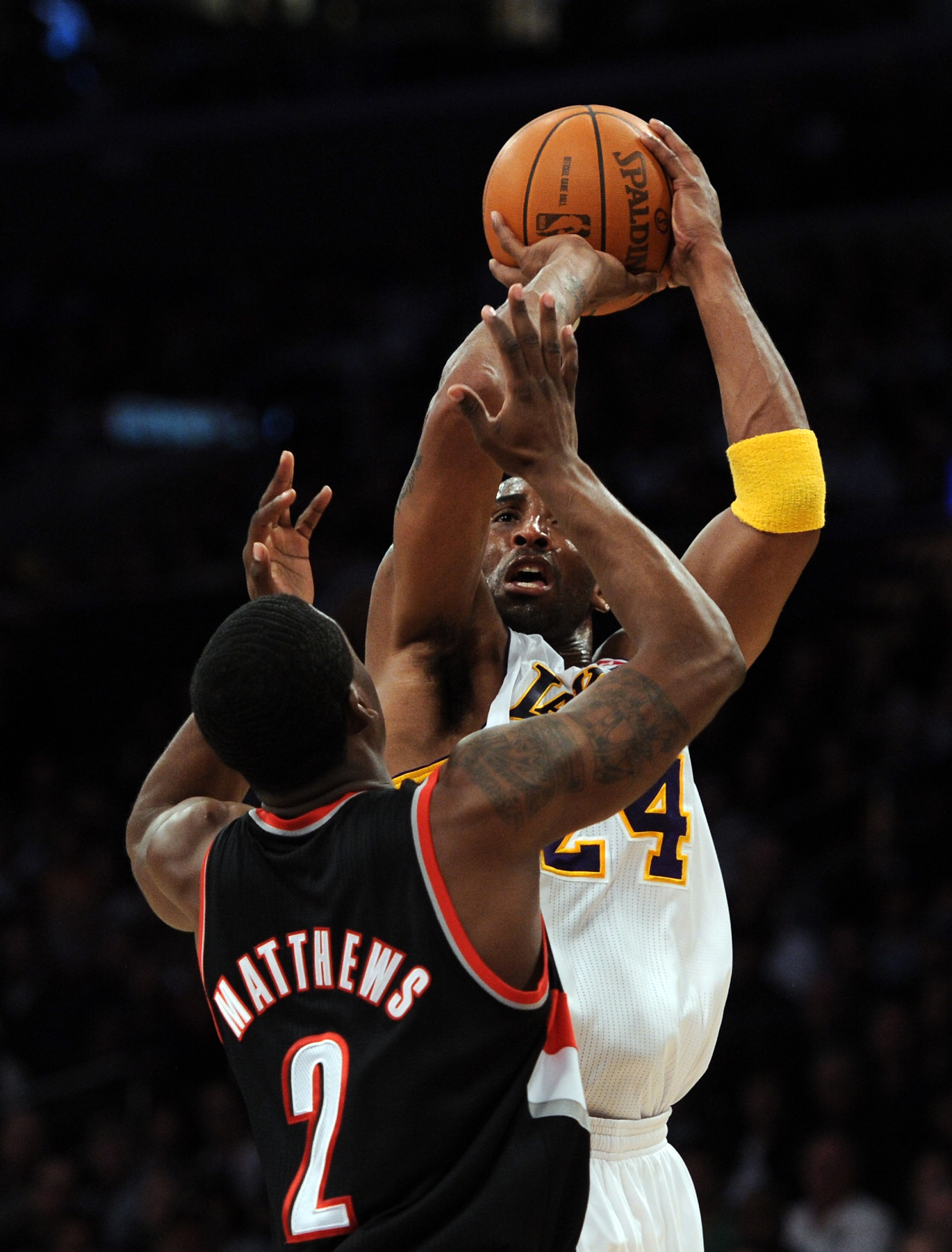 LOS ANGELES, CA - NOVEMBER 07:  Kobe Bryant #24 of the Los Angeles Lakers shoots a jumper over Wesley Matthews #2 of the Portland Trail Blazers at the Staples Center on November 7, 2010 in Los Angeles, California.  NOTE TO USER: User expressly acknowledge
