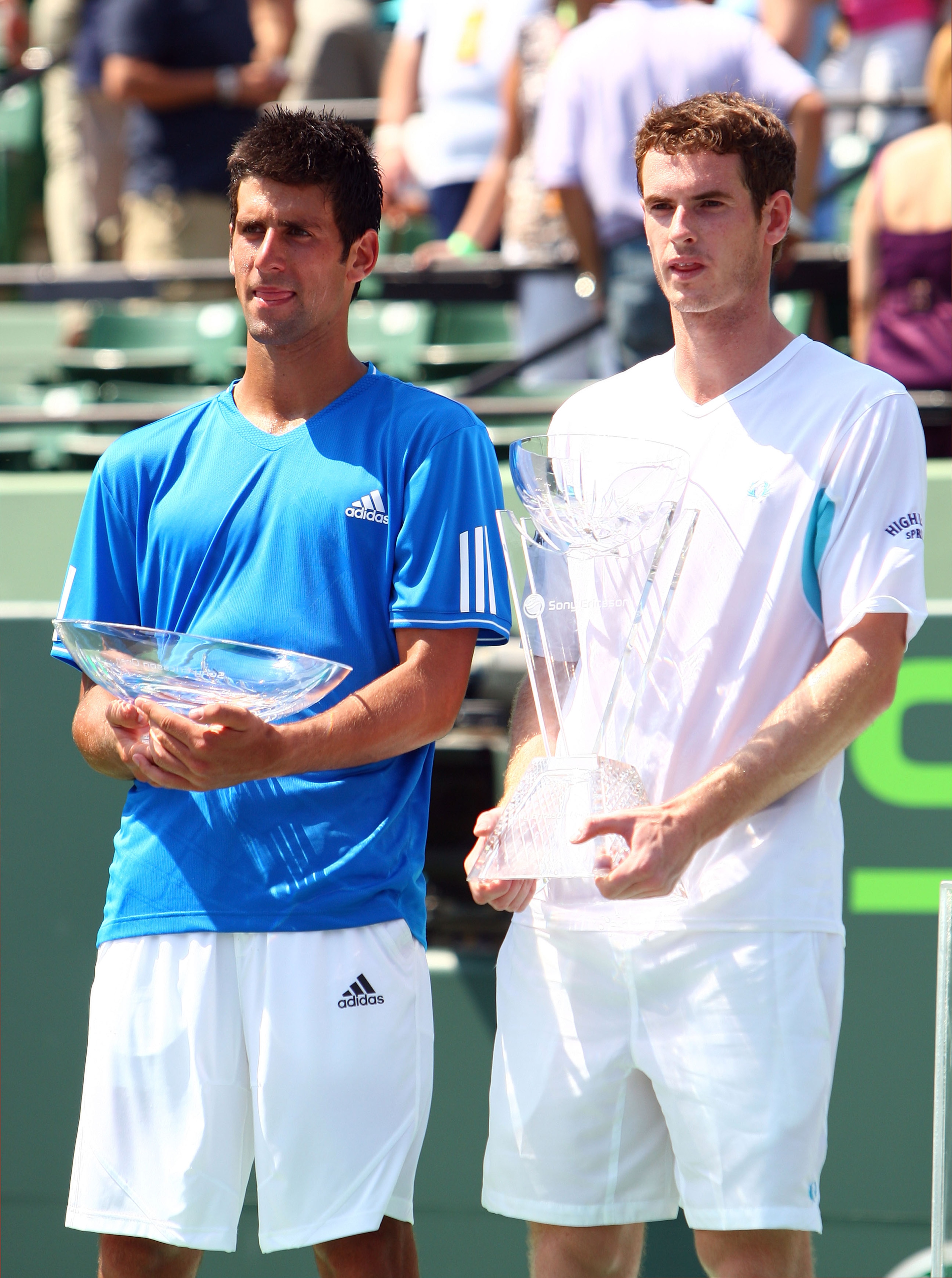 KEY BISCAYNE, FL - APRIL 05:  Andy Murray (R) of Great Britain and Novak Djokovic of Serbia pose with their trophies after the men's final of the Sony Ericsson Open at the Crandon Park Tennis Center on April 5, 2009 in Key Biscayne, Florida.  (Photo by Cl