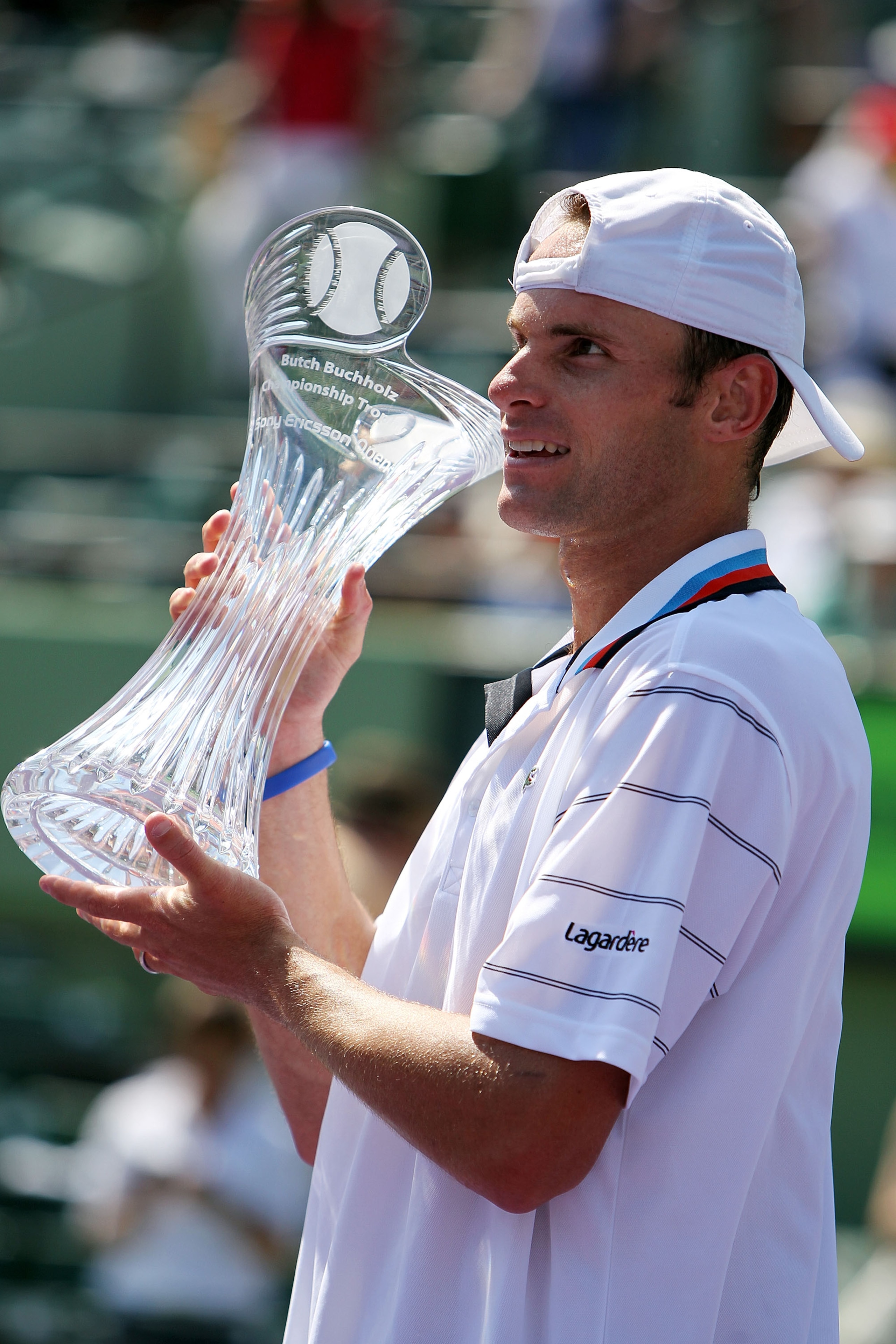 KEY BISCAYNE, FL - APRIL 04:  Andy Roddick of the United States holds up the trophy after defeating Tomas Berdych of the Czech Republic in straight sets to win the men's final of the 2010 Sony Ericsson Open at Crandon Park Tennis Center on April 4, 2010 i
