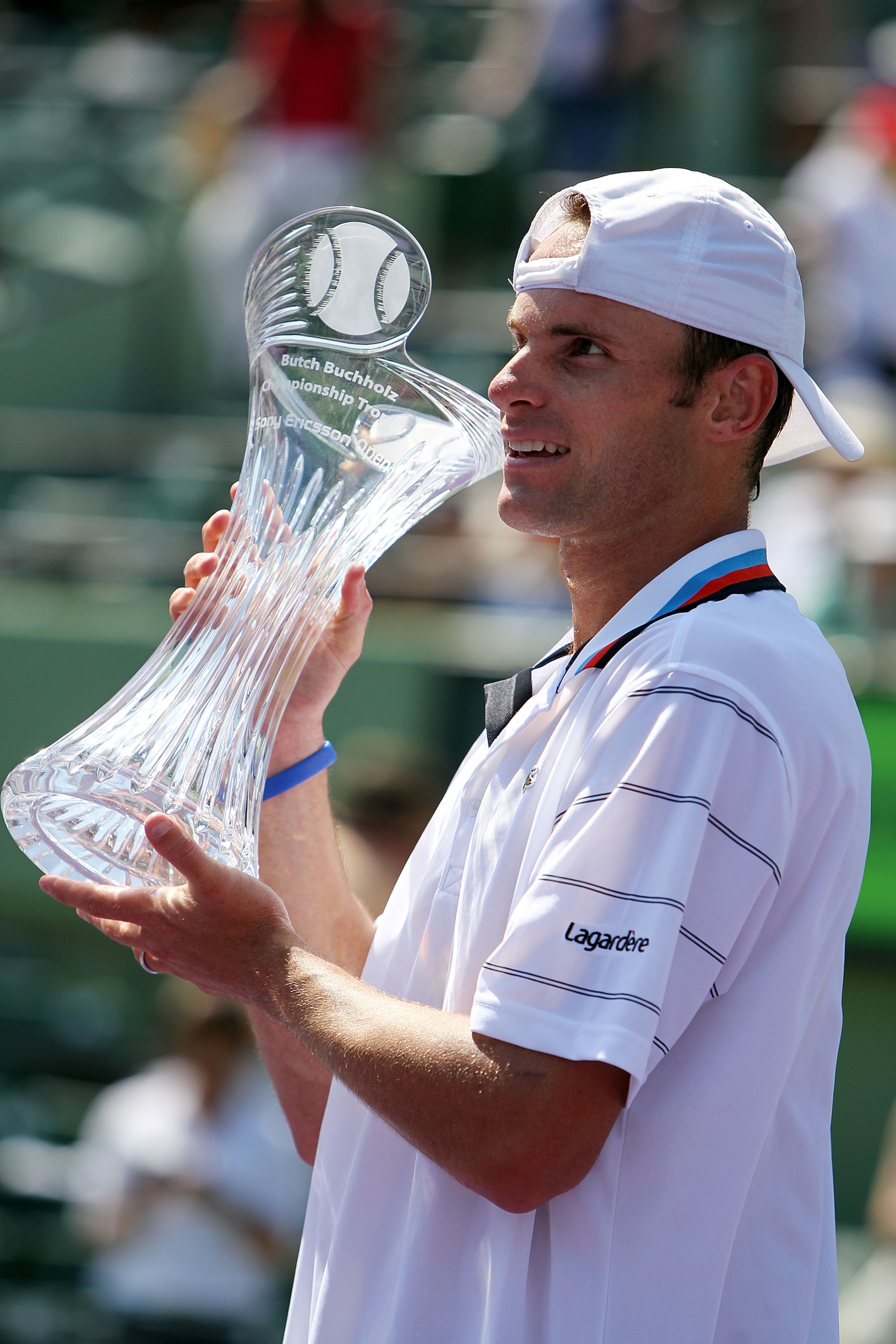 KEY BISCAYNE, FL - APRIL 04:  Andy Roddick of the United States holds up the trophy after defeating Tomas Berdych of the Czech Republic in straight sets to win the men's final of the 2010 Sony Ericsson Open at Crandon Park Tennis Center on April 4, 2010 i
