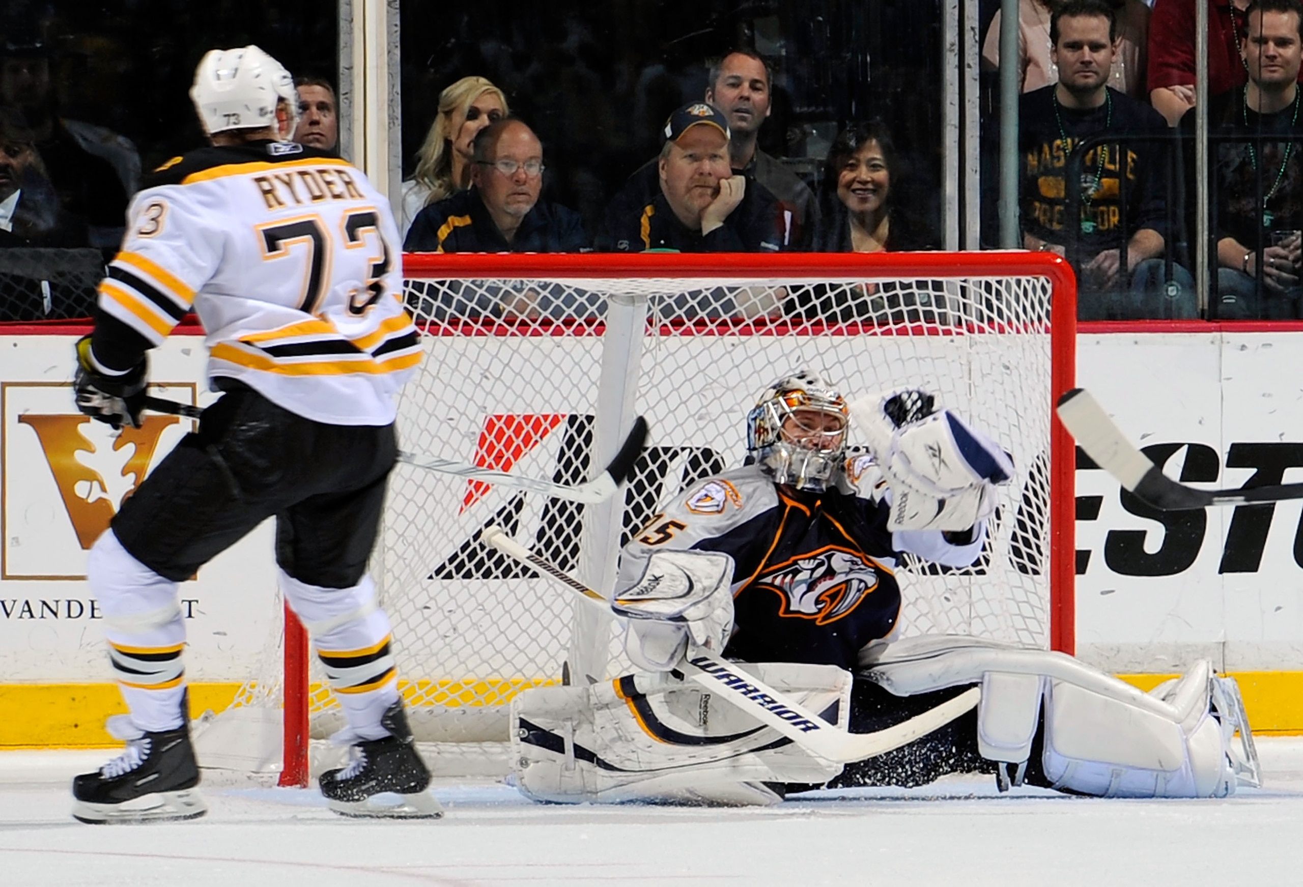 NASHVILLE, TN - MARCH 17:  Pekka Rinne #35 of the Nashville Predators makes a save on a shot by Michael Ryder #73 of the Boston Bruins on March 17, 2011 at the Bridgestone Arena in Nashville, Tennessee.  (Photo by Frederick Breedon/Getty Images)
