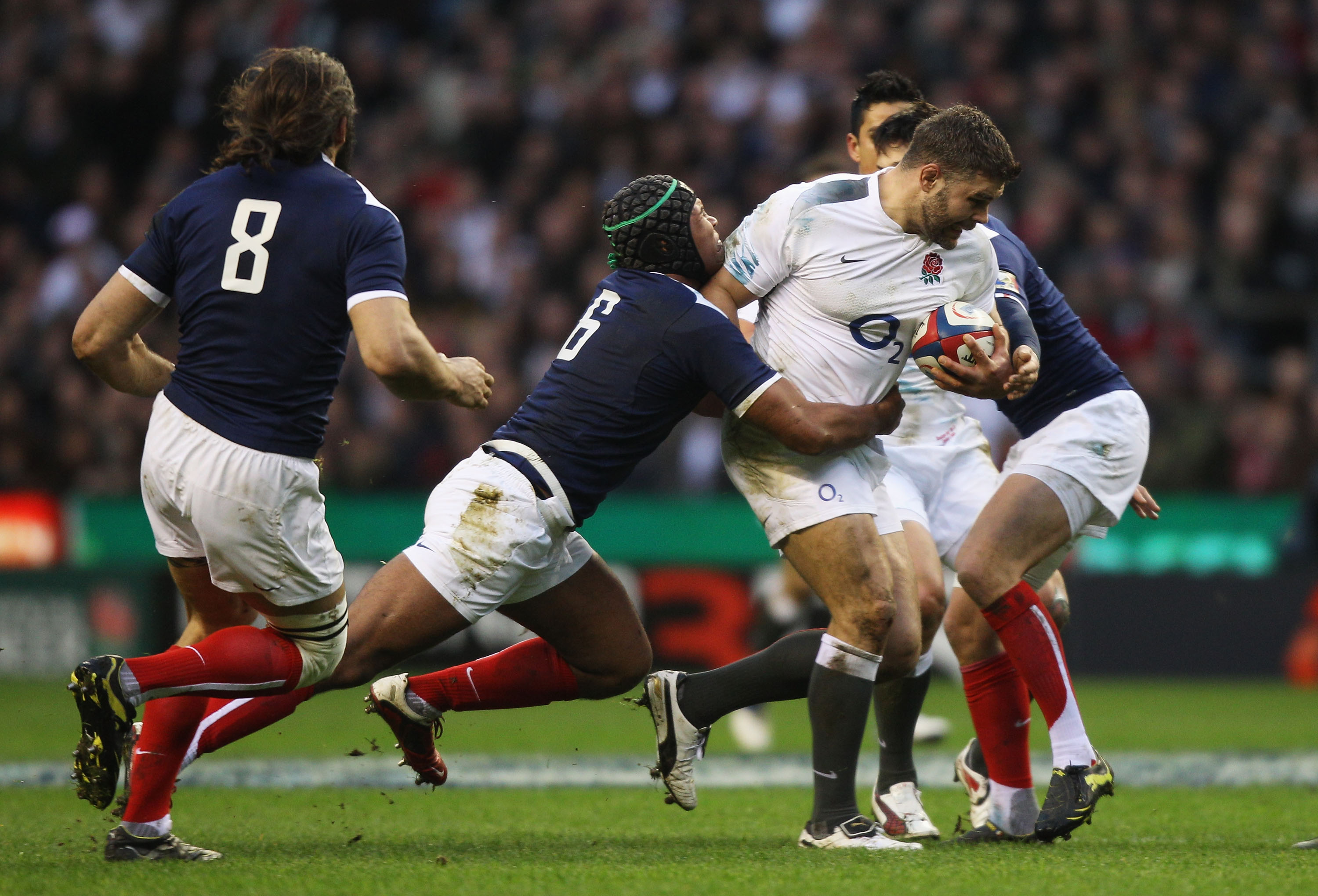 LONDON, ENGLAND - FEBRUARY 26:  Nick Easter of England tries to breakthrough the French defence during the RBS 6 Nations Championship match between England and France at Twickenham Stadium on February 26, 2011 in London, England.  (Photo by David Rogers/G