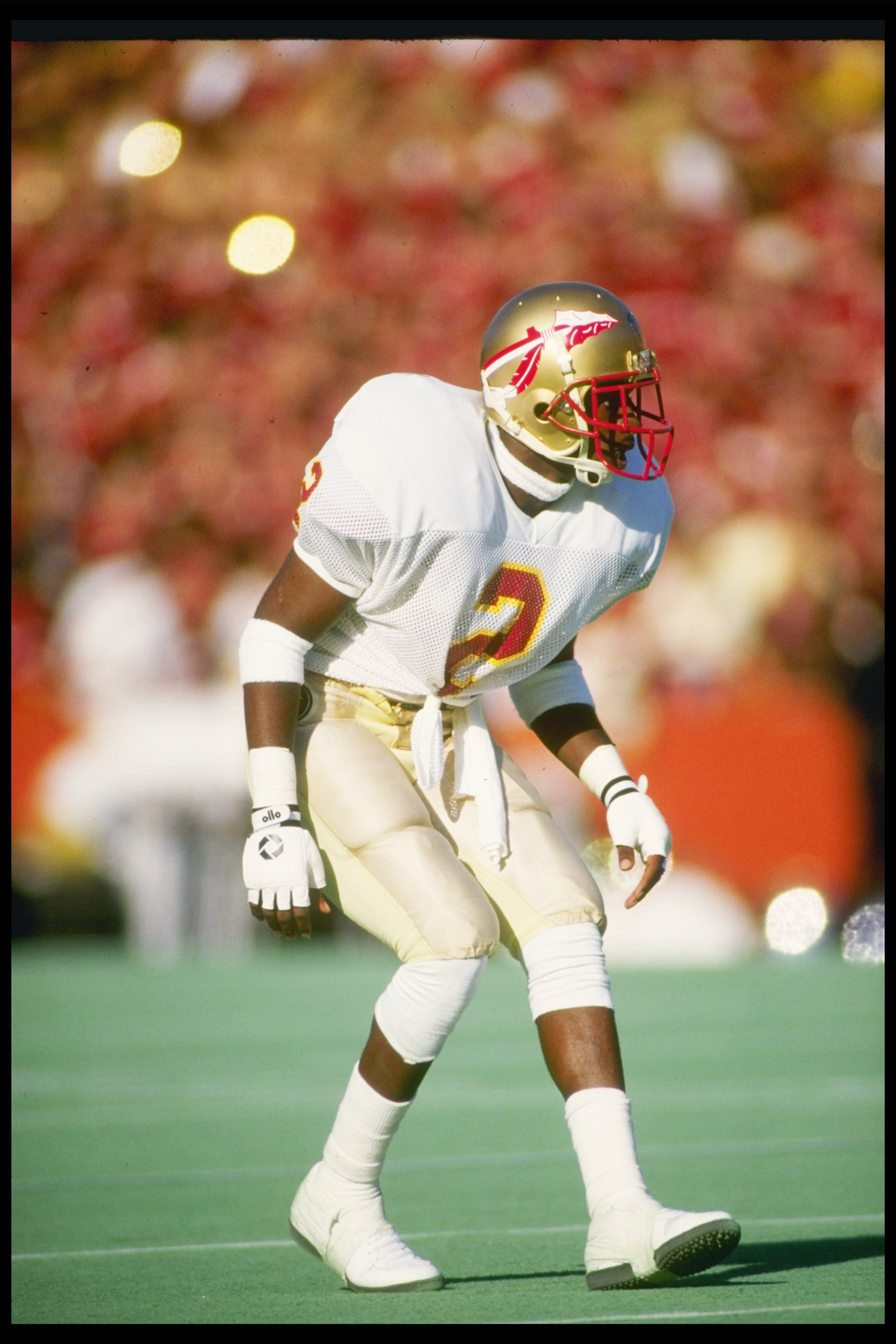 28 Nov 1987: Cornerback Deion Sanders of the Florida State Seminoles stands in position during a game against the Florida Gators at Florida Field in Gainesville, Florida. Florida State won the game 28-14. Mandatory Credit: Allen Dean Steele /Allsport 28 Nov 1987: Cornerback Deion Sanders of the Florida State Seminoles stands in position during a game against the Florida Gators at Florida Field in Gainesville, Florida. Florida State won the game 28-14. Mandatory Credit: Allen Dean Steele /Allsport