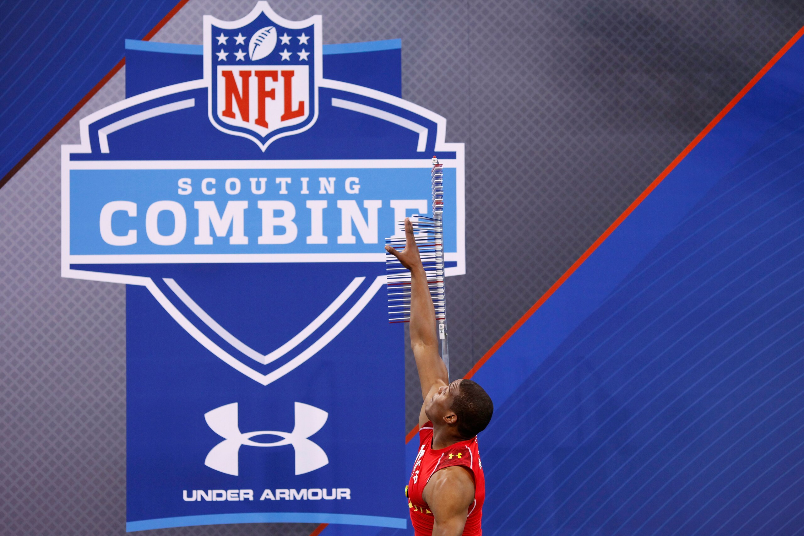 INDIANAPOLIS, IN - FEBRUARY 27: Cam Newton participates in the vertical jump during the 2011 NFL Scouting Combine at Lucas Oil Stadium on February 27, 2011 in Indianapolis, Indiana. (Photo by Joe Robbins/Getty Images)