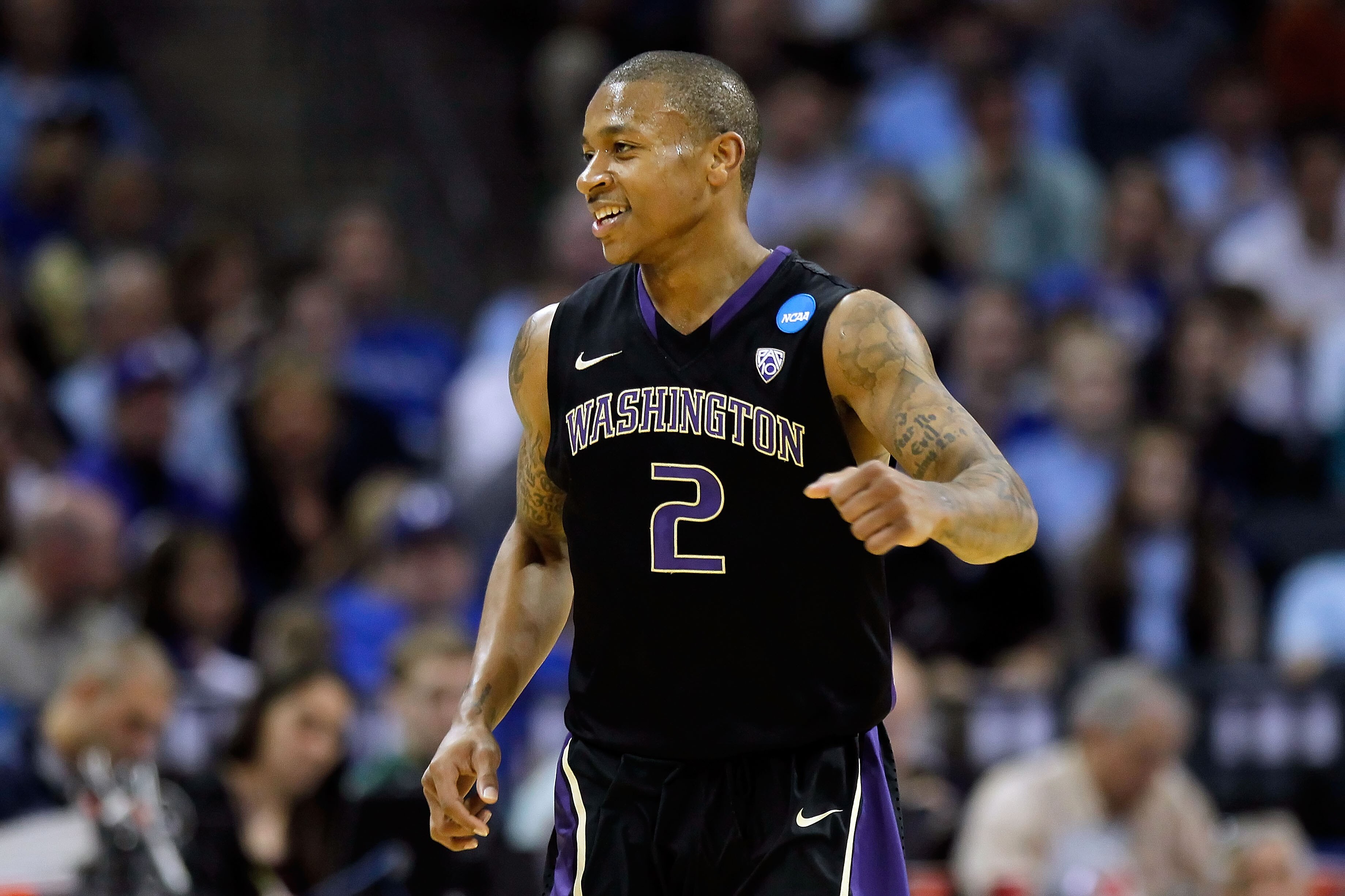 CHARLOTTE, NC - MARCH 20:  Isaiah Thomas #2 of the Washington Huskies reacts in the second half while taking on the North Carolina Tar Heels during the third round of the 2011 NCAA men's basketball tournament at Time Warner Cable Arena on March 20, 2011 i