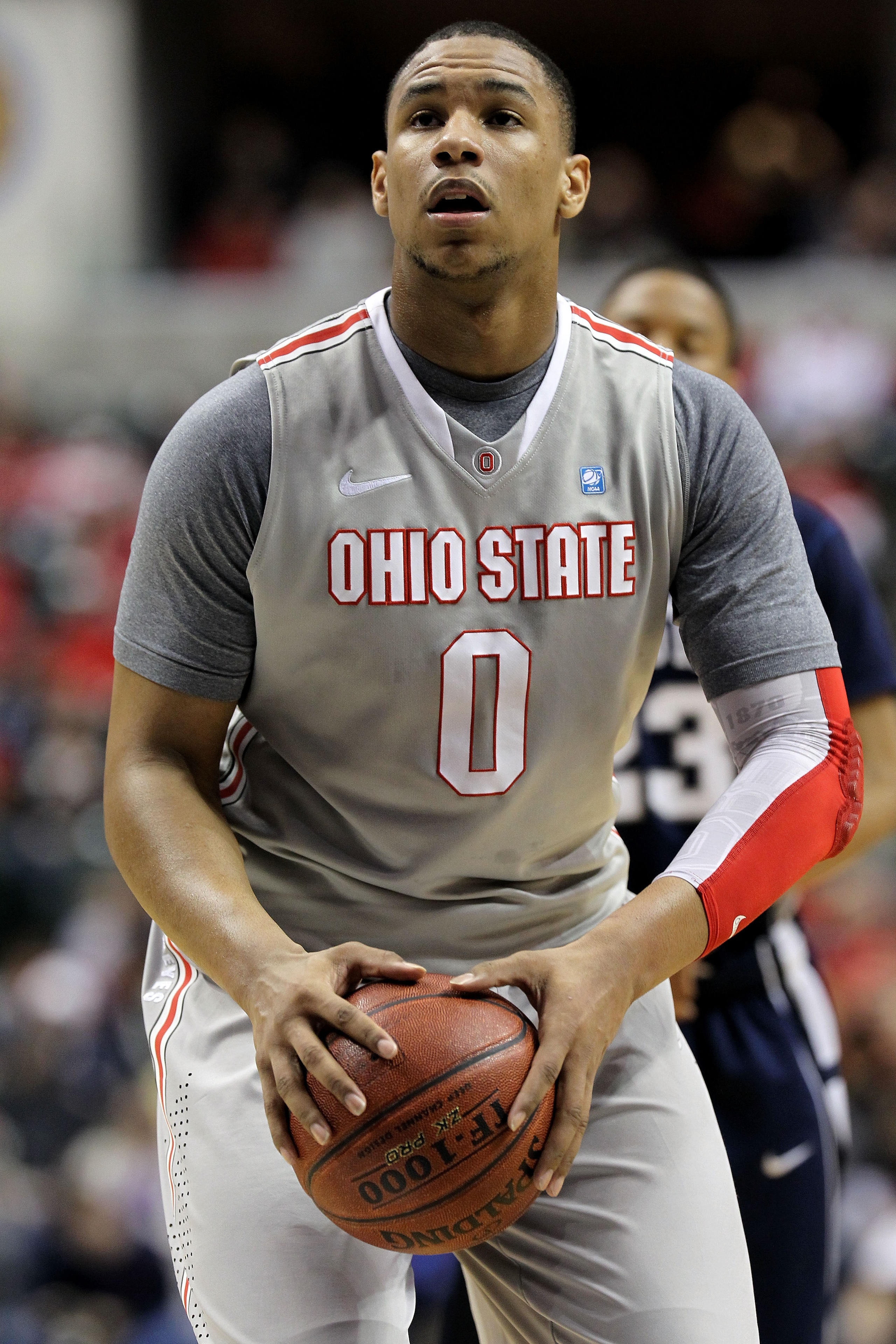 INDIANAPOLIS, IN - MARCH 13:  Jared Sullinger #0 of the Ohio State Buckeyes gets set to attempt a free throw against the Penn State Nittany Lions during the championship game of the 2011 Big Ten Men's Basketball Tournament at Conseco Fieldhouse on March 1