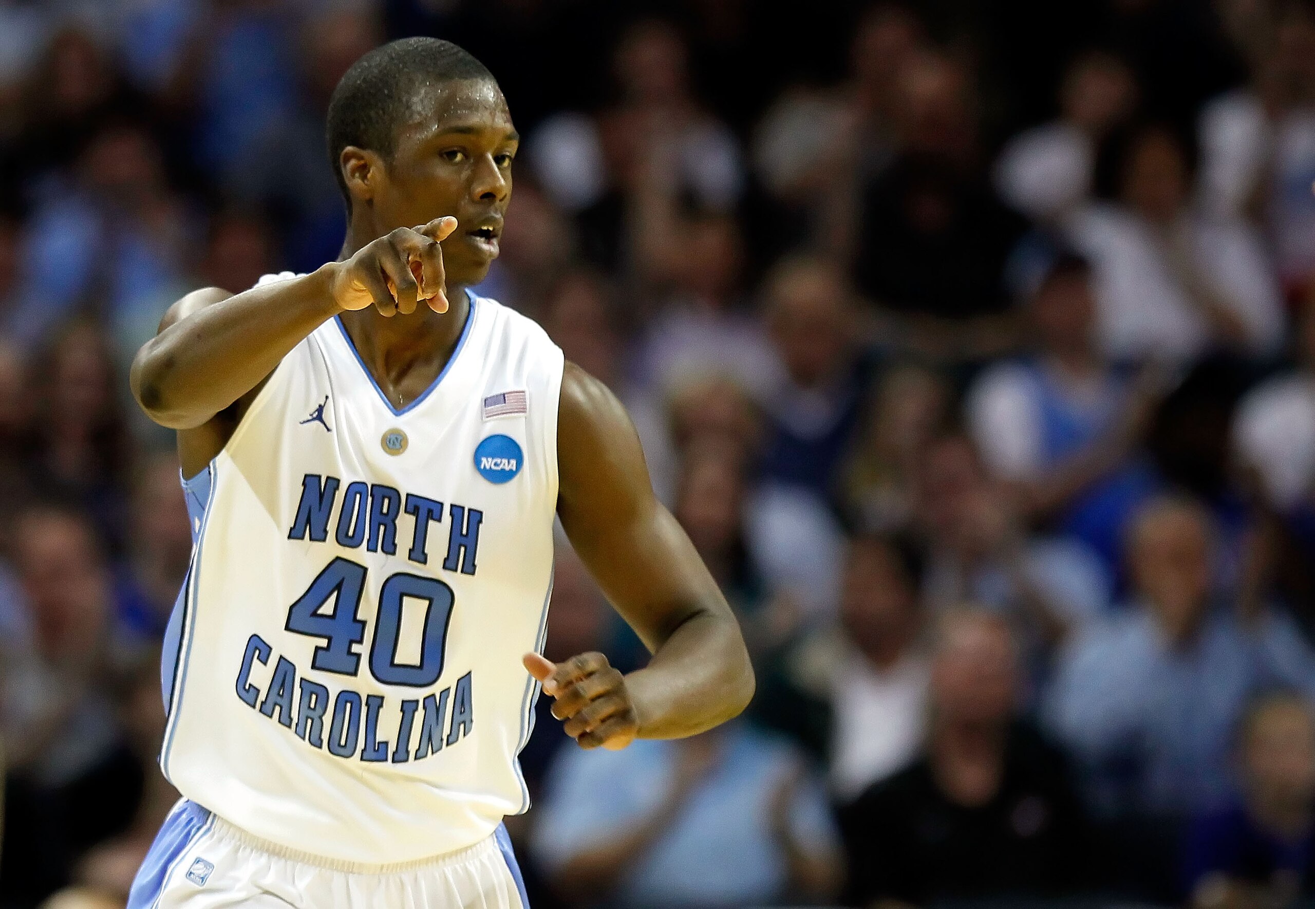 CHARLOTTE, NC - MARCH 20:  Harrison Barnes #40 of the North Carolina Tar Heels reacts in the first half while taking on the Washington Huskies during the third round of the 2011 NCAA men's basketball tournament at Time Warner Cable Arena on March 20, 2011