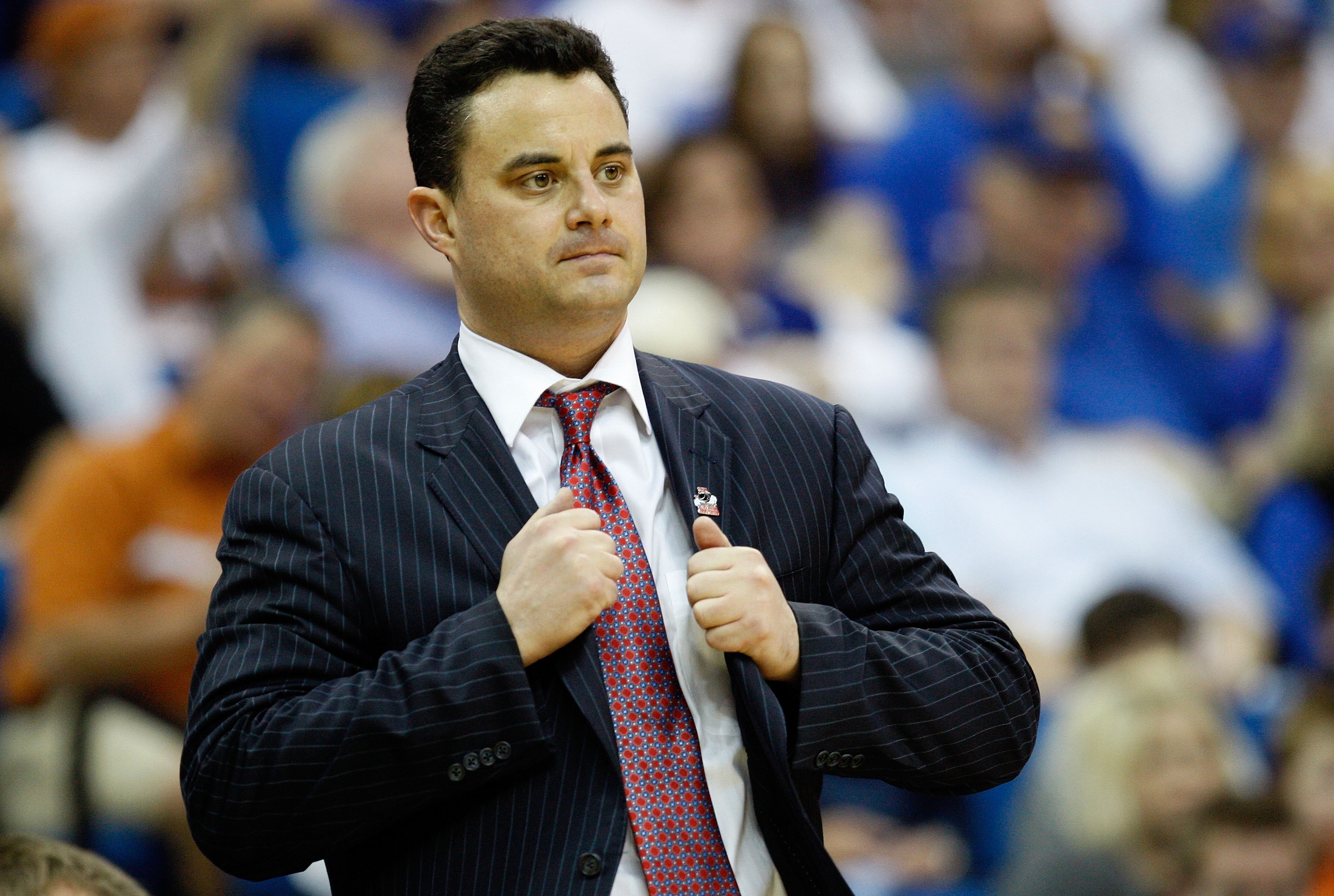 TULSA, OK - MARCH 20:  Head coach Sean Miller of the Arizona Wildcats stands on the sidelines during the third round game against the Texas Longhorns in the 2011 NCAA men's basketball tournament at BOK Center on March 20, 2011 in Tulsa, Oklahoma.  (Photo