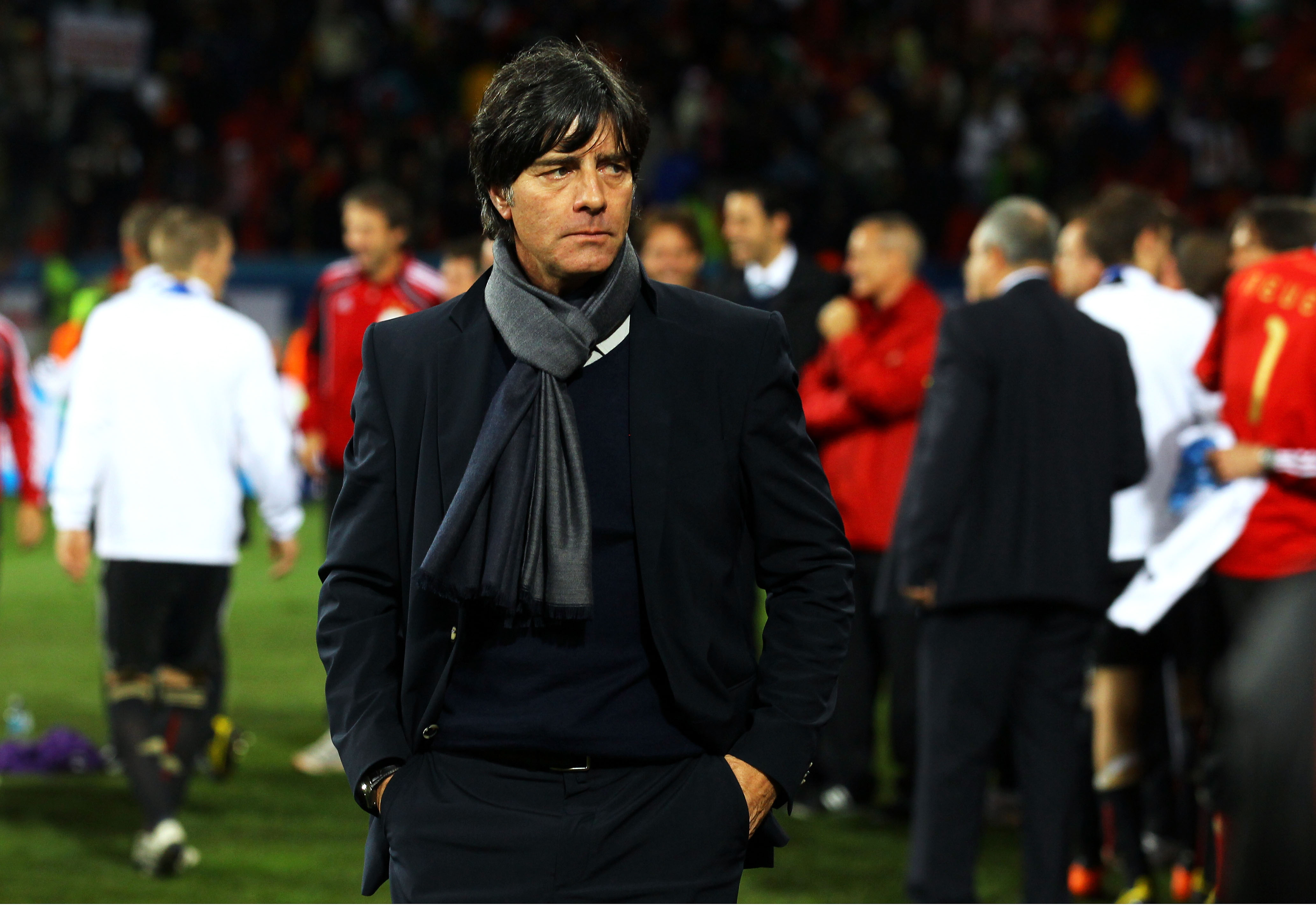 PORT ELIZABETH, SOUTH AFRICA - JULY 10:  Joachim Loew head coach of Germany celebrates victory and third place following the 2010 FIFA World Cup South Africa Third Place Play-off match between Uruguay and Germany at The Nelson Mandela Bay Stadium on July