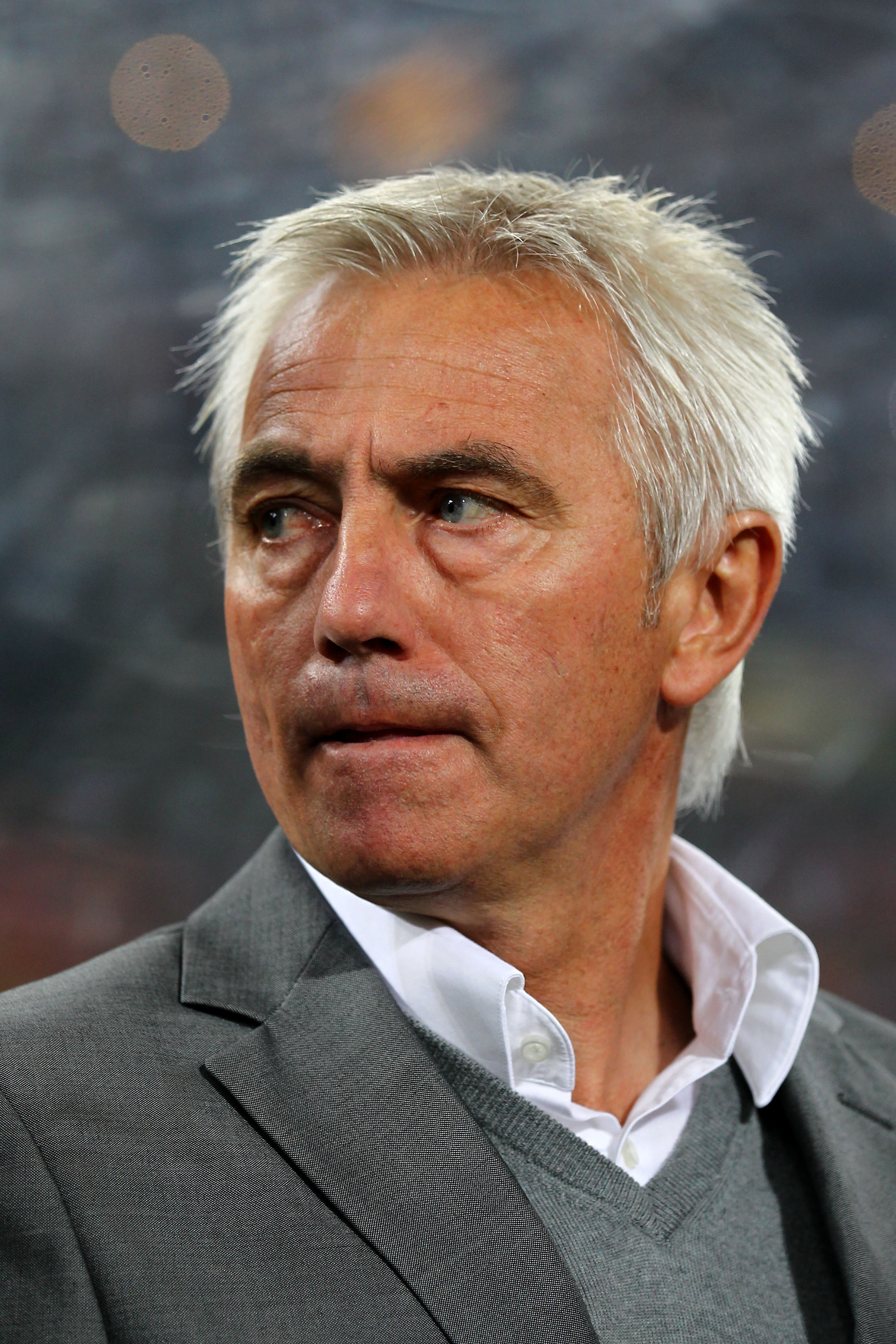 JOHANNESBURG, SOUTH AFRICA - JULY 11:  Bert van Marwijk head coach of the Netherlands looks thoughtful ahead of the 2010 FIFA World Cup South Africa Final match between Netherlands and Spain at Soccer City Stadium on July 11, 2010 in Johannesburg, South A
