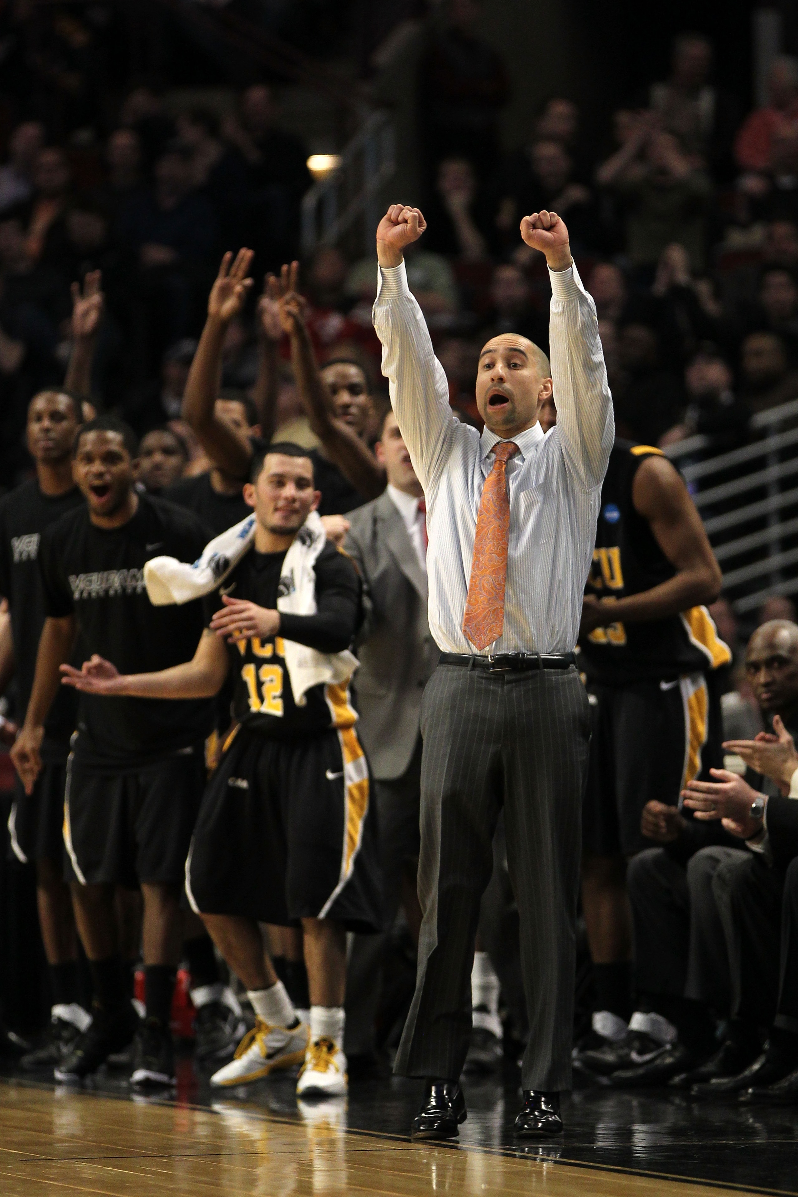 CHICAGO, IL - MARCH 20:  \Head coach Shaka Smart of the Virginia Commonwealth Rams celebrates in the first half of the game against the Purdue Boilermakers during the third round of the 2011 NCAA men's basketball tournament at the United Center on March 2