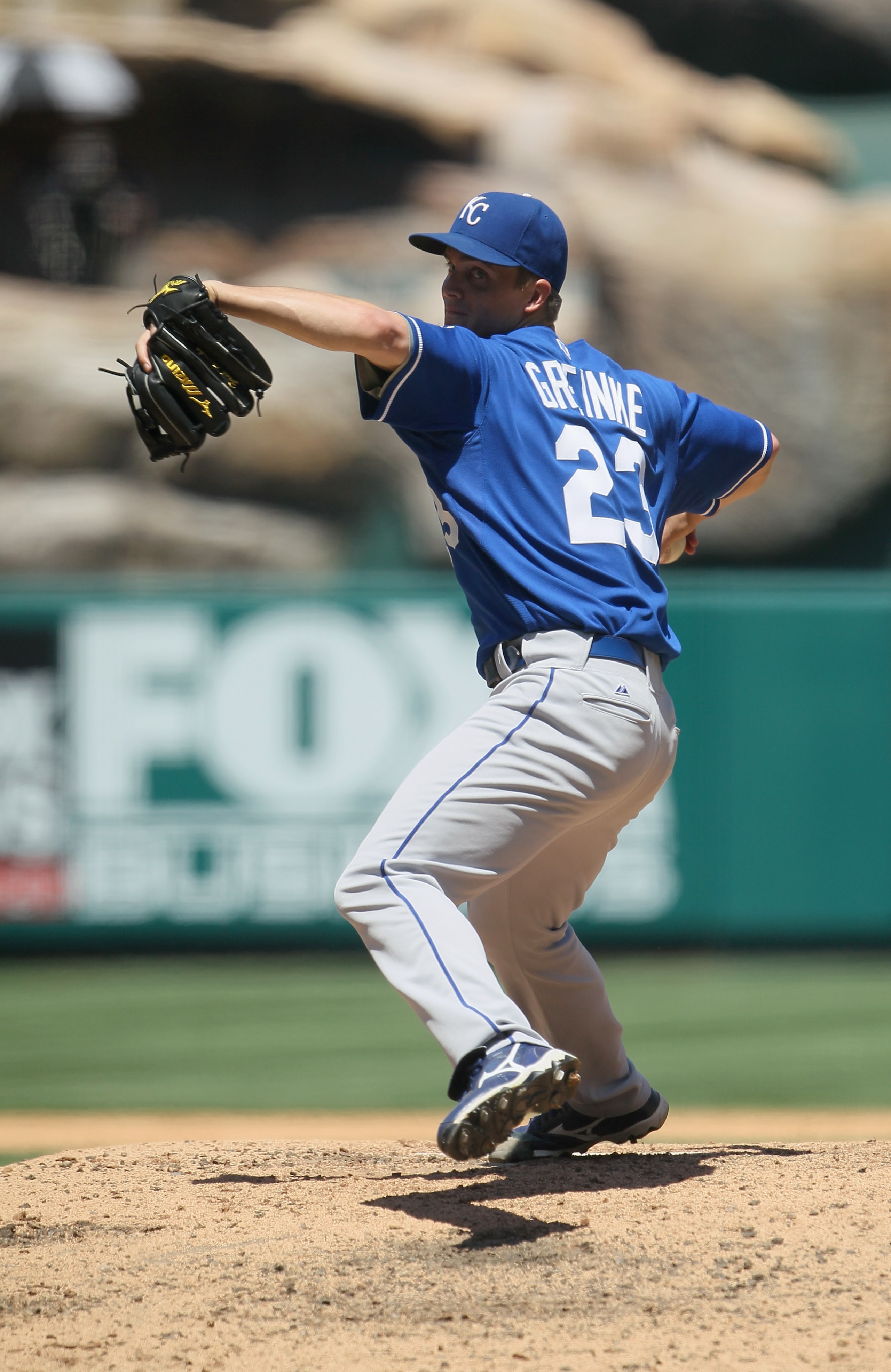 ANAHEIM, CA - AUGUST 11:  Zack Greinke #23 of the Kansas City Royals pitches against the Los Angeles Angels of Anaheim at Angel Stadium on August 11, 2010 in Anaheim, California.  (Photo by Jeff Gross/Getty Images)