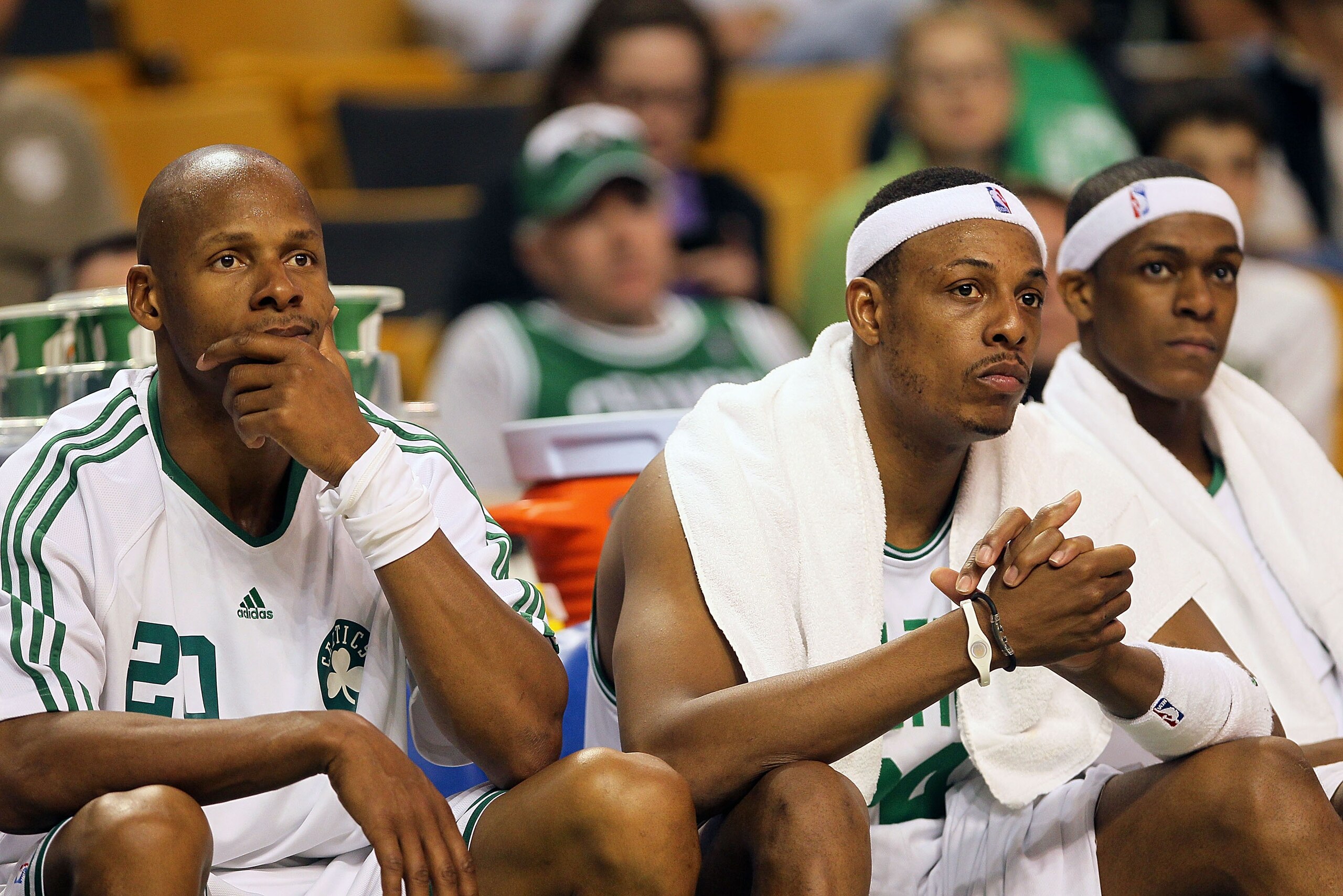 BOSTON - MAY 07:  Ray Allen #20; Paul Pierce #34, Rajon Rondo #9 and Kevin Garnett #5 of the Boston Celtics watch the closing moments of a loss to the Cleveland Cavaliers in Game Three of the Eastern Conference Semifinals during the 2010 NBA Playoffs at T
