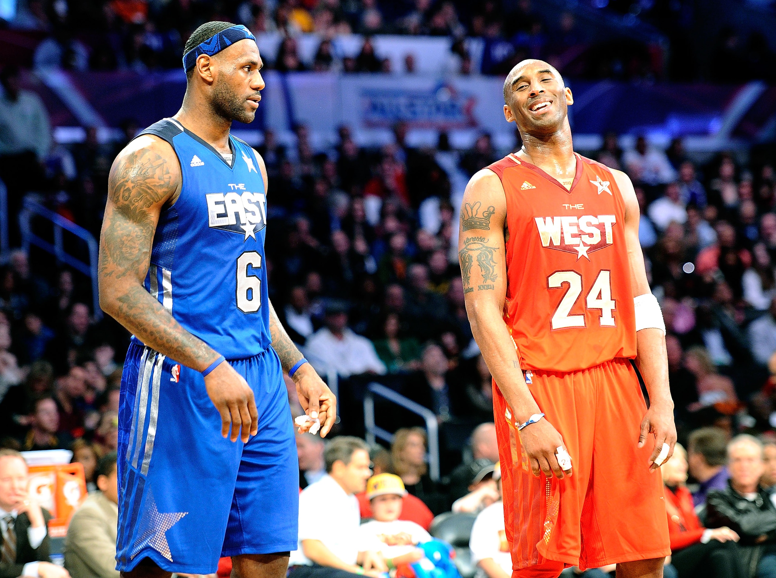 LOS ANGELES, CA - FEBRUARY 20:  LeBron James #6 of the Miami Heat and the Eastern Conference stands with Kobe Bryant #24 of the Los Angeles Lakers and the Western Conference in the 2011 NBA All-Star Game at Staples Center on February 20, 2011 in Los Angel